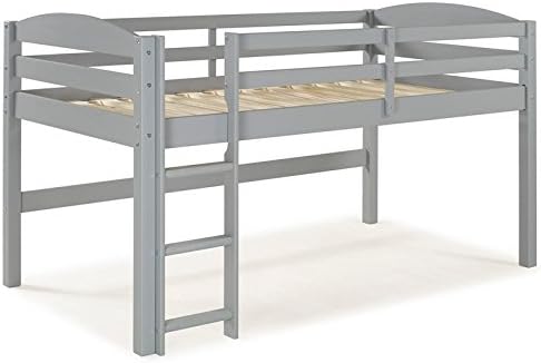 Pemberly Row Kids Junior Low Loft Twin Bunk Bed Solid Wood with Storage Area and Underneath Play Space in Gray