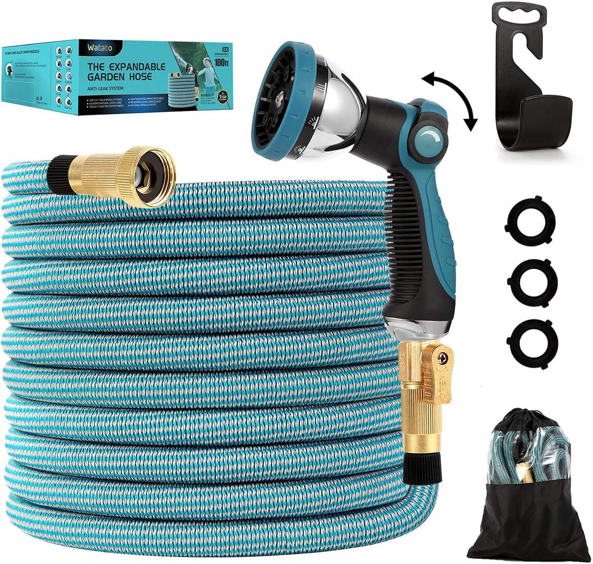 Watato Expandable Garden Hose 100ft-Water Hose with Durable 10 Way Zinc Alloy Spray Nozzle-4 Layers Latex and 3/4’’ Solid Brass Fitting-Strength 3750D Flexible Lightweight Yard No Kink Hose Pipe Set Pack of 2