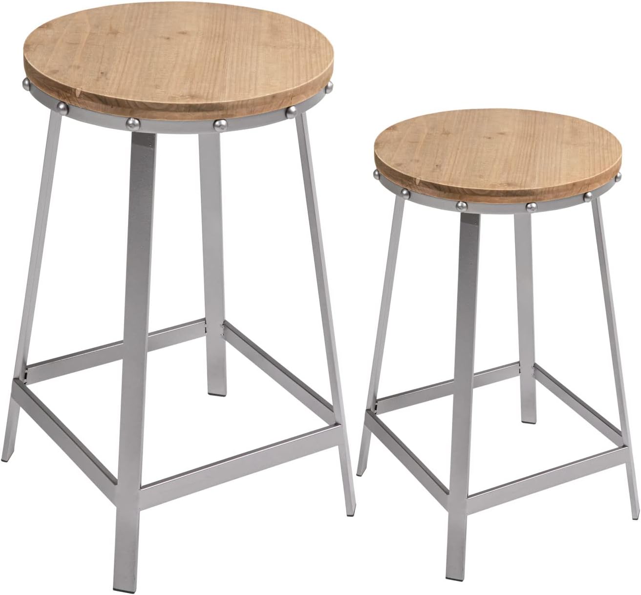 COSIEST Outdoor Stackable Barstools, Round Wooden Top Seat w Welded Steel Frame Set of 2, Backless Stools
