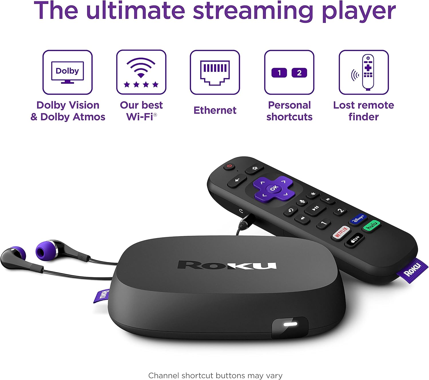Roku Ultra | Streaming Device HD/4K/HDR/Dolby Vision with Dolby Atmos, Bluetooth Streaming, and Roku Voice Remote with Headphone Jack and Personal Shortcuts, includes Premium HDMI&reg; Cable