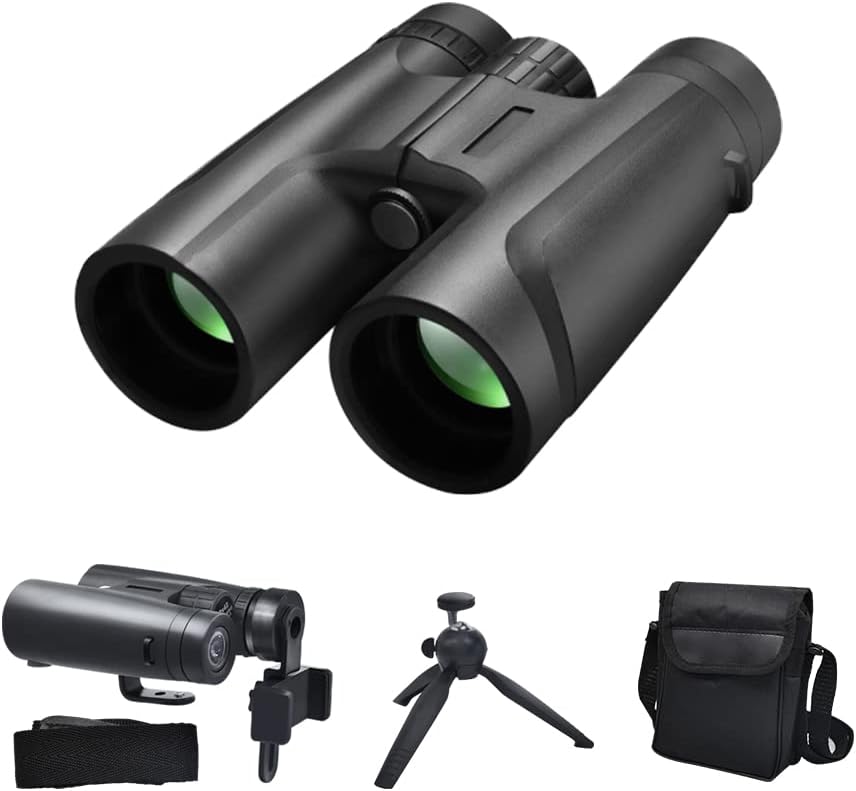 12x42 Binoculars for Adults, FMC Multi Green Coated Low Light Night Vision Binoculars, Waterproof Compact Binoculars for Hunting, Travel, Bird Watching, with Mobilephone Stents, Tripod and Adapter