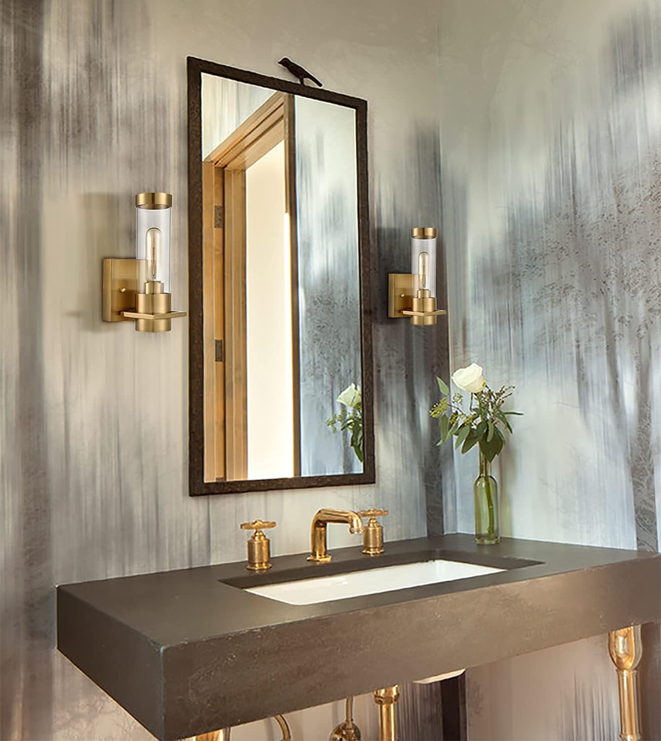 SHAWNKEY Modern Wall Sconce Light Brass Gold Finish Frosted Cylindrical Clear Glass Shade Wall Light Fixtures for Mirror Bathroom Kitchen Entryway Bedroom Wall Mount Sconce 2 Pack