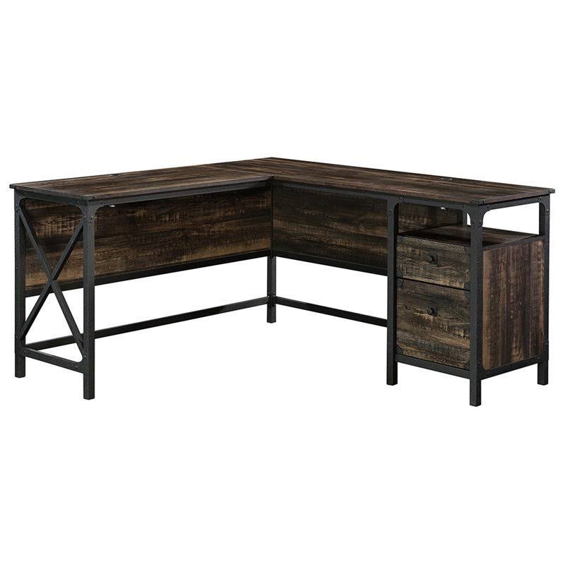 Pemberly Row L Shape Corner Desk in Rustic Carbon Oak and Black