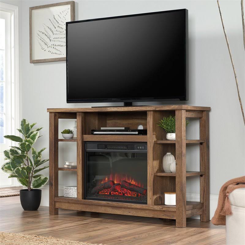 Sauder Wooden Fireplace Credenza TV Stand in Vintage Oak