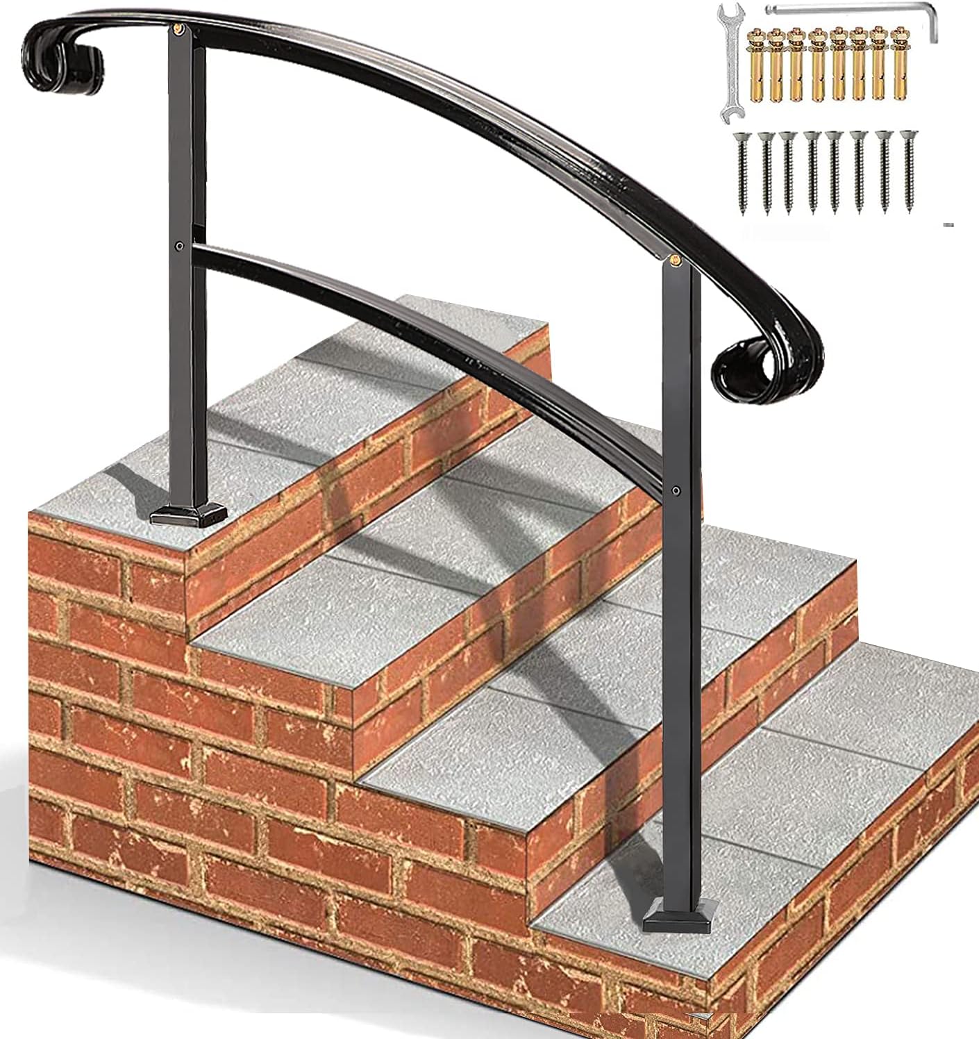 Flyskip Handrails for Outdoor Steps,Height Adjustable 4 Step Handrail Outdoor | Wrought Iron Handrail Stair Rail for 4-Step Indoor Steps with Installation Kit,Black