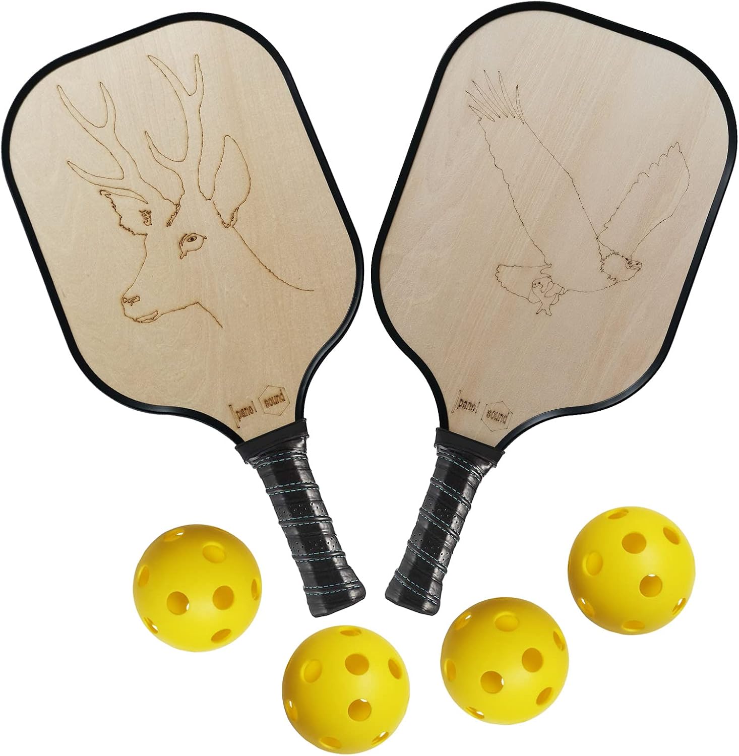 Panel Sound Wood Pickleball Paddles, Wooden Pickleball Set, Basswood Pickleball Rackets, Pickle Ball Racquet with Engraved Eagle, Deer, Tiger, Dog Figure, with 4 Indoor Balls Pack of 2