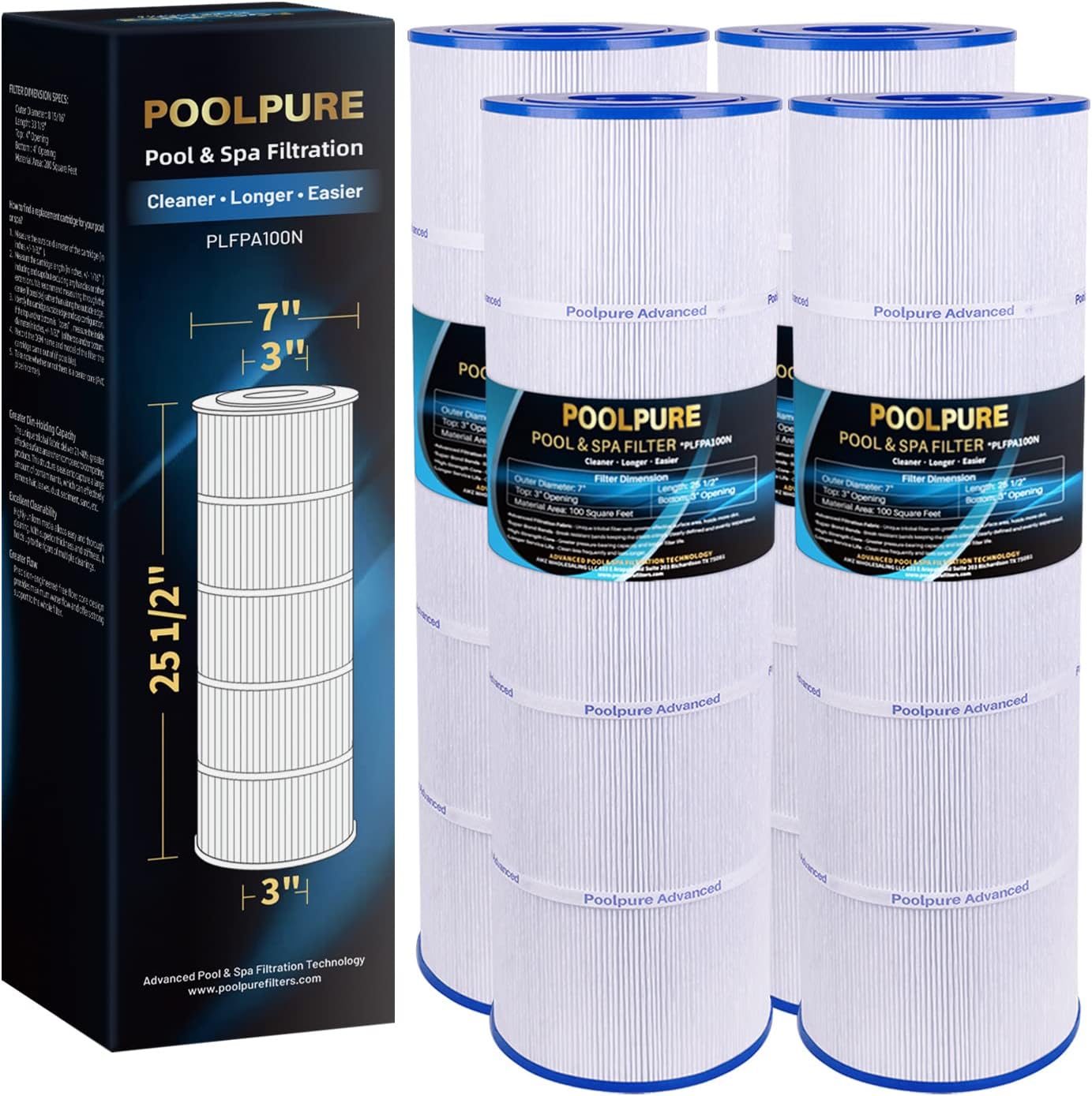 POOLPURE PLFPA100N Pool Filter Replaces PA100N, PA100N-4, Unicel C-7487, Filbur FC-1270, Hayward CX870RE, CX870-XRE, Hayward C4000, C4020, C4000S, 4PACK
