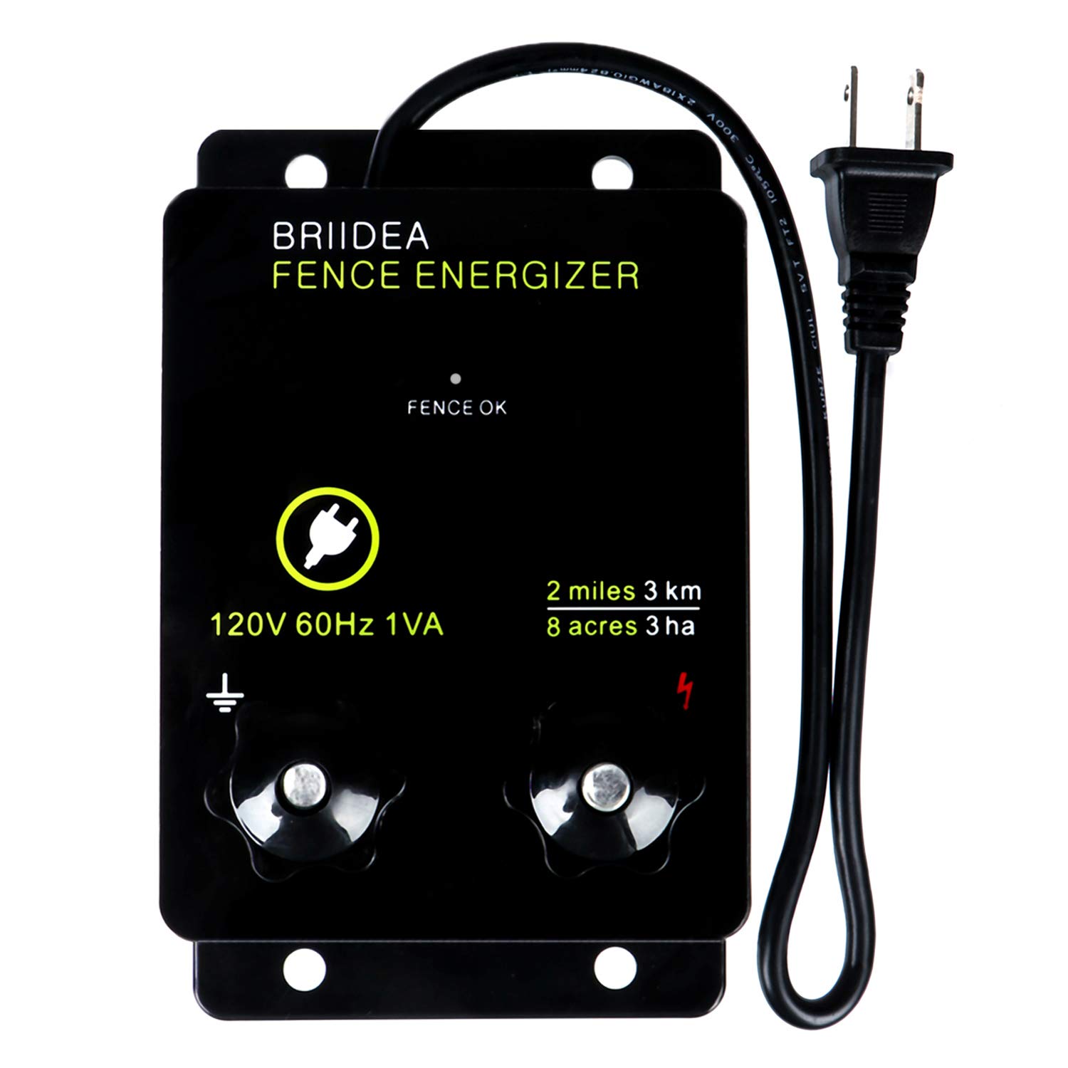 Briidea 2-Mile Electric Fence Energizer for Preventing Wild Animals Intruding 8 Acres Output Voltage 5000 V 0.1Joule