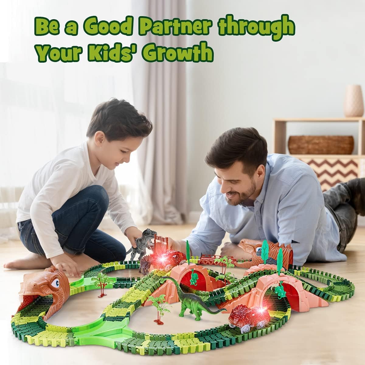 Vimzone Dinosaur Toys, 265PCS Dinosaur Train Toys, Create a Dinosaur World Road Race, Flexible Track Playset with 2 LED Dino Cars & 3 Dinosaurs for 3 4 5 6 7 8 Years Old Boys and Girls Best Gift