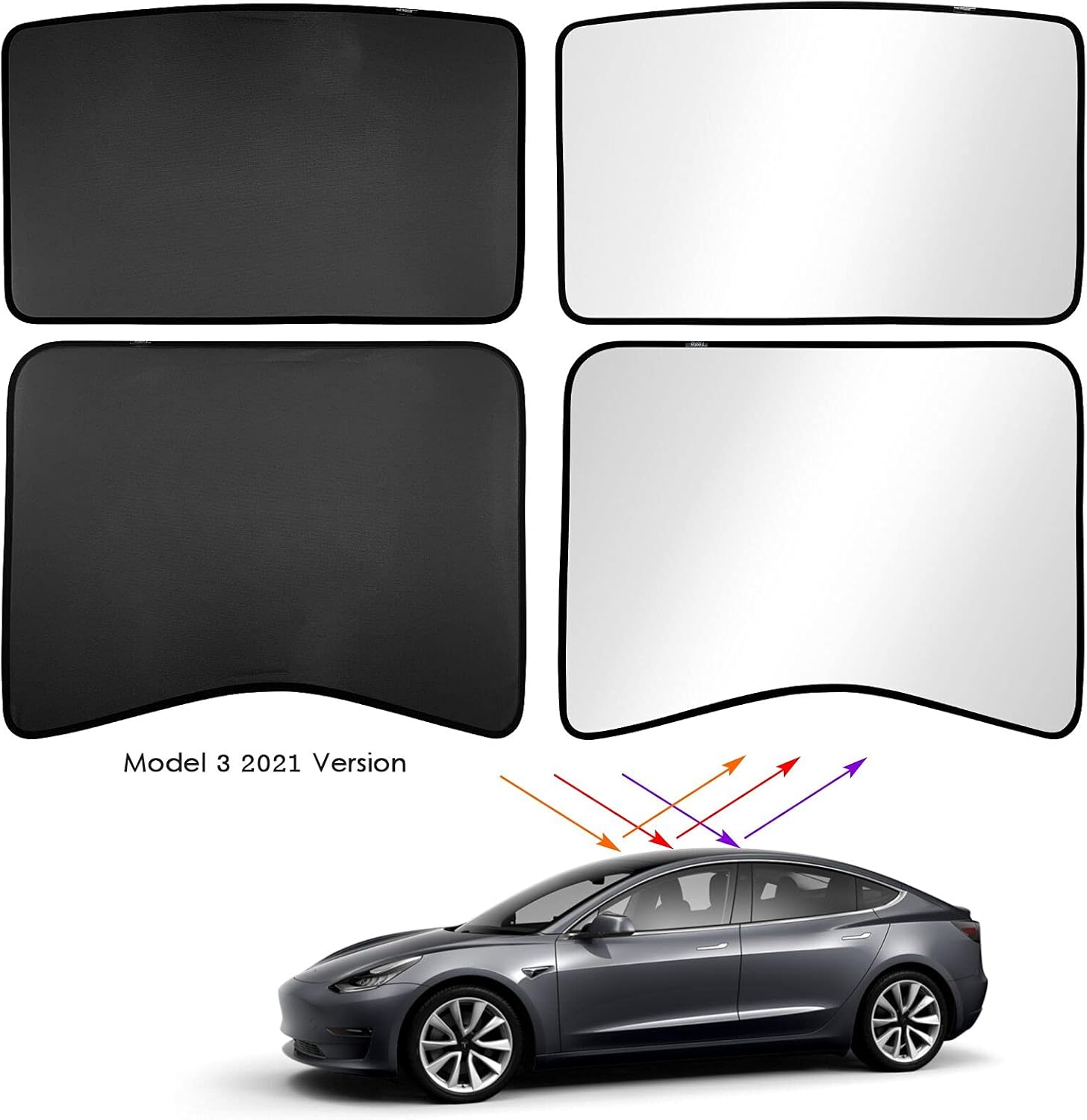 TopLight Upgarde 2021 Tesla Model 3 Sunshades Premium Front & Rear Glass Roof Sunshade with Skylight Reflective Covers Set of 4 Foldable Double-Layered UV Protection Easy Installation Pack of 2