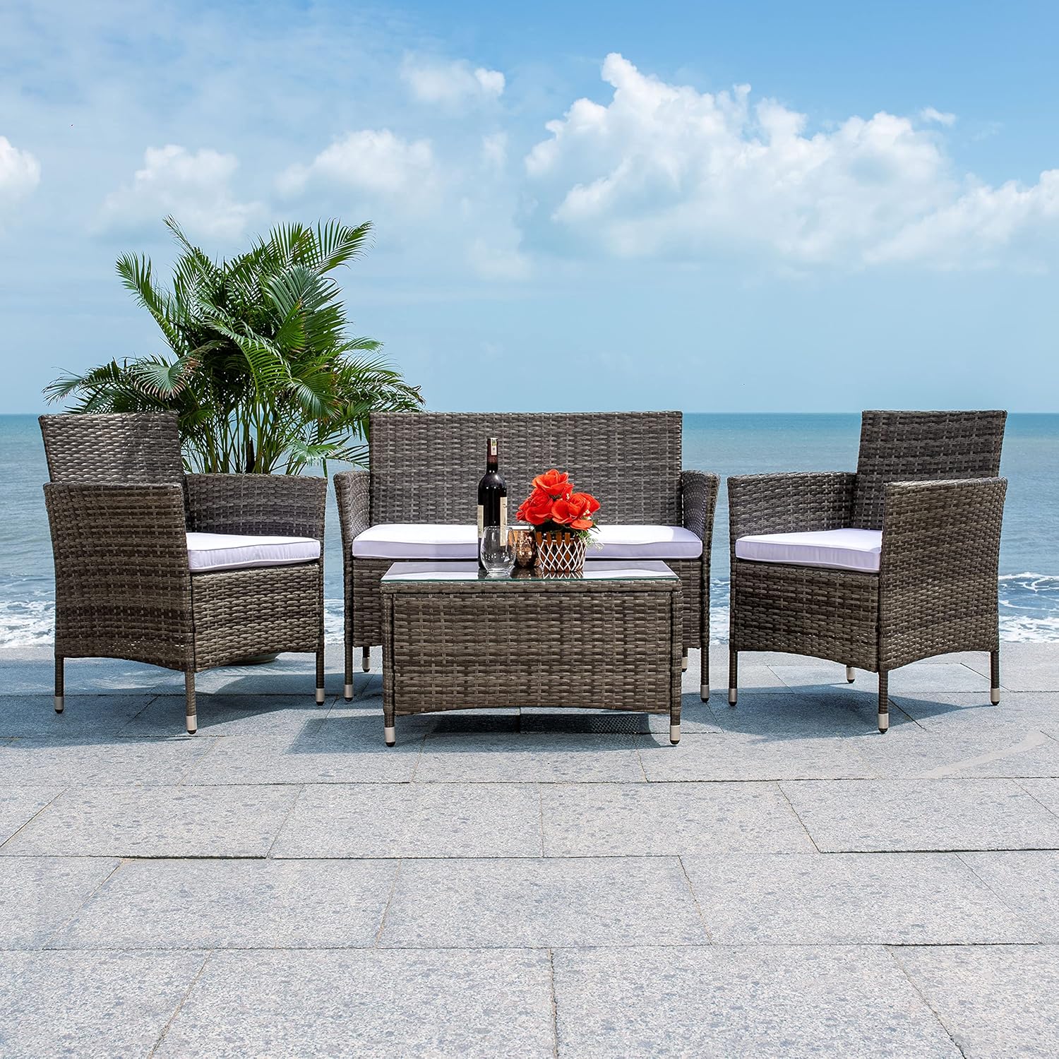 Safavieh PAT7506A Collection Bandele Black and Beige 4-Piece Outdoor Living Patio Set