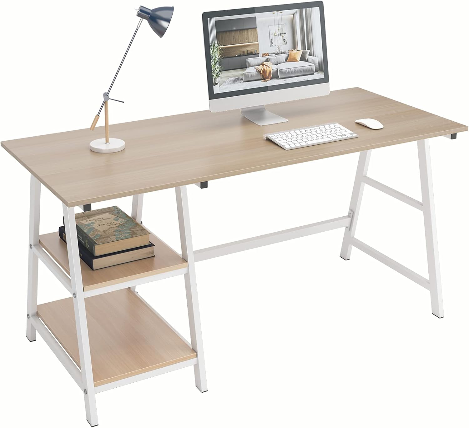 DlandHome 47 Inches Medium Computer Desk, Trestle Desk, Home Office Desk/Workstation/Writing Table with Opening Shelves, Black, TP-120BB