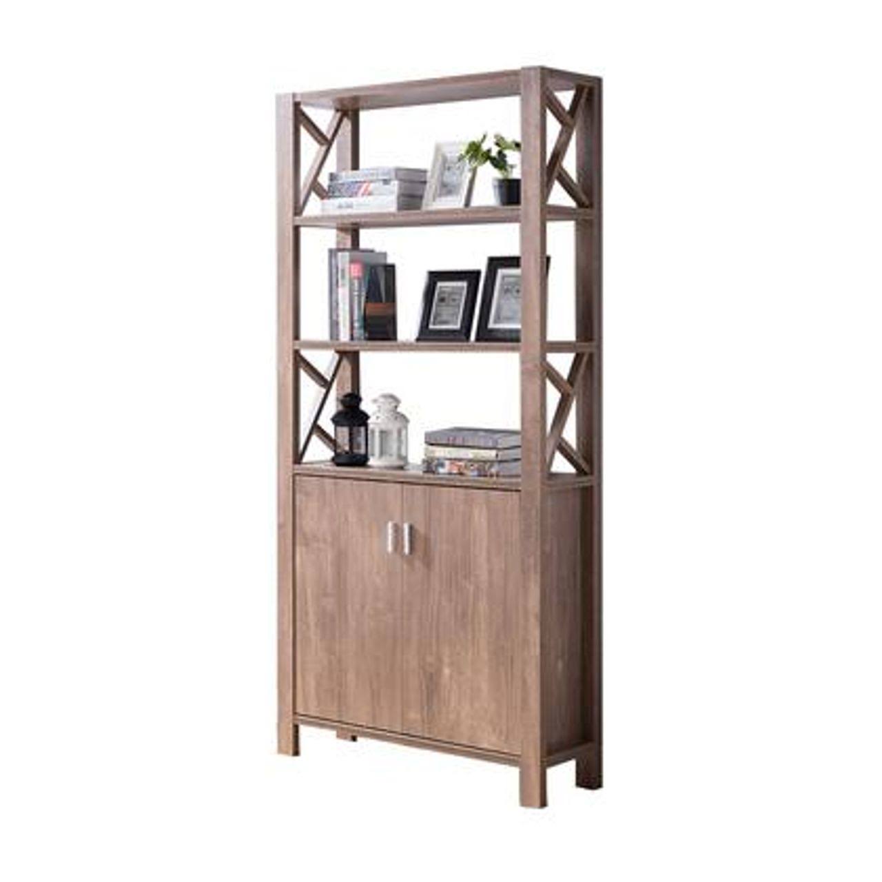 Spacious Wooden Bookcase with Three Open Shelves and Double Boor Cabinet Brown