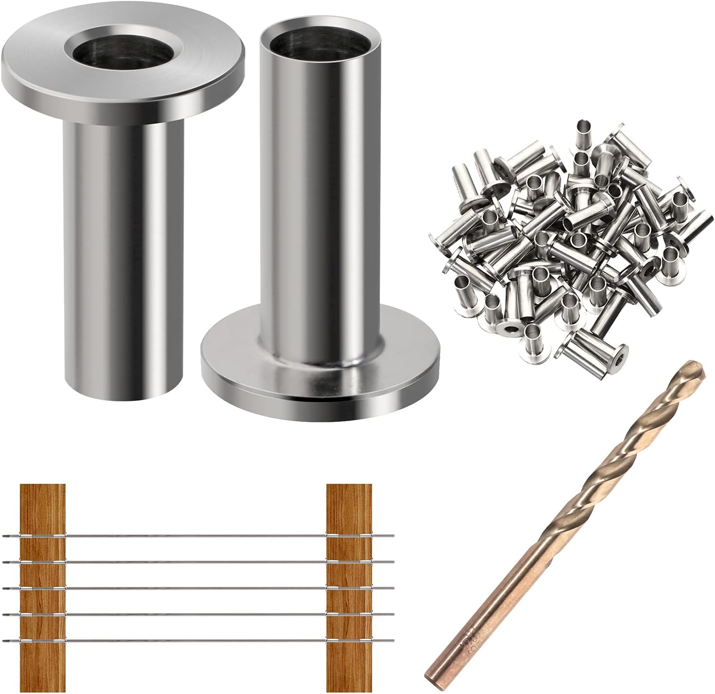 ATOLS 80 Pack T316 Stainless Steel Protector Sleeves for 1/8 Inch Wire Rope Cable Railing, Wood Posts, DIY Balustrade, T316 Marine Grade (Drill Bit Included)