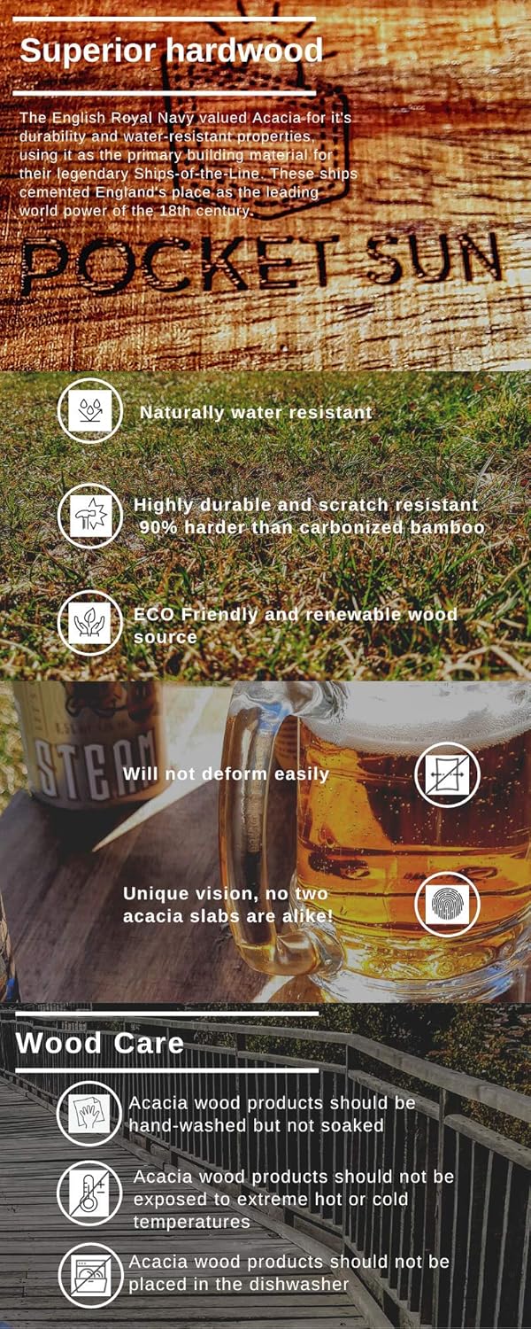 Pocket Sun Portable Wine Picnic Table, Premium Acacia Wood not Bamboo, Foldable Great for Camping, Beach, Park. Versatile Glass Holders, Champagne Bottle Hole. Perfect Romantic Gift, Snack Tray Pack of 2