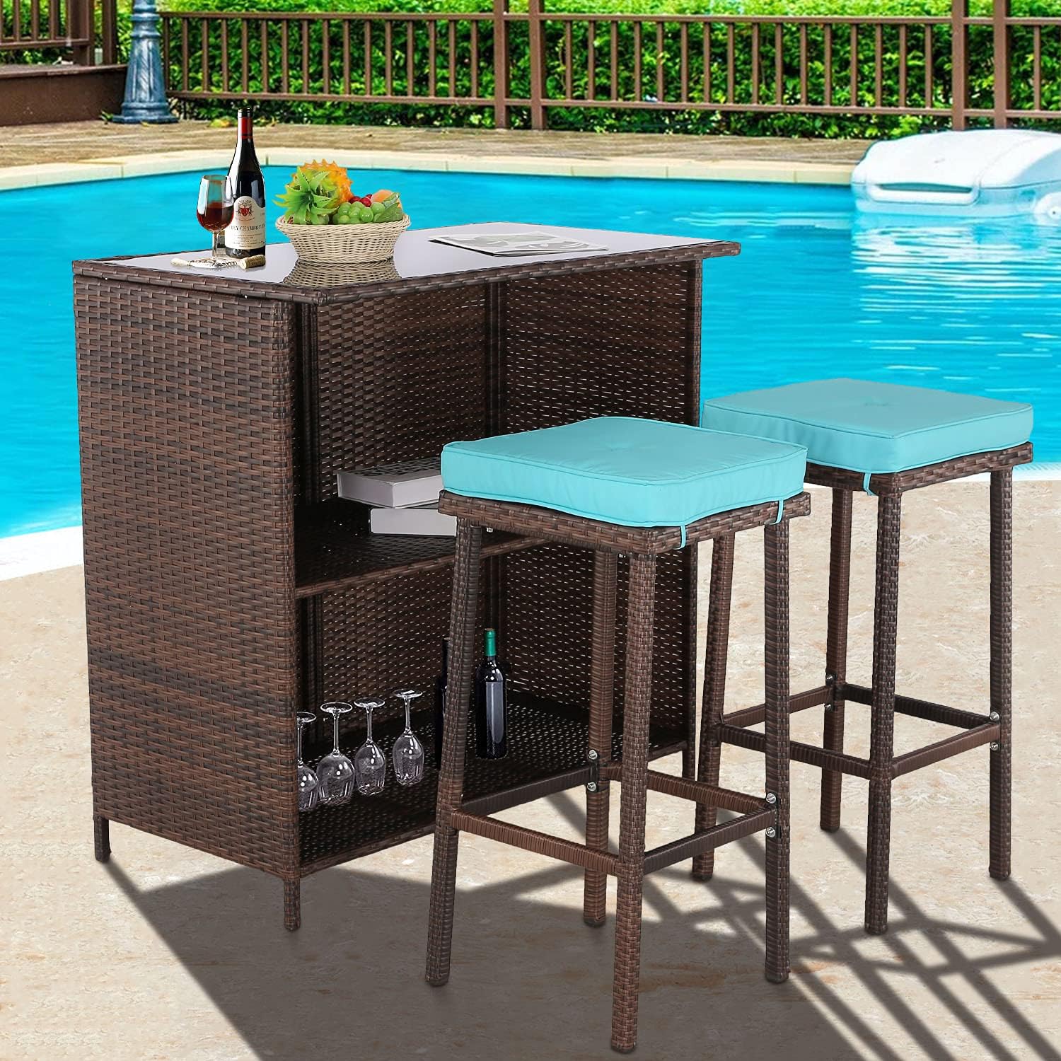 Furnimy 3 Pieces Patio Bar Set Outdoor Wicker Bar Furniture Outdoor Bar Set Outside Bars for Patio Backyard Bar Brown PE Rattan, Outdoor Table and 2 Stools (Turquoise)