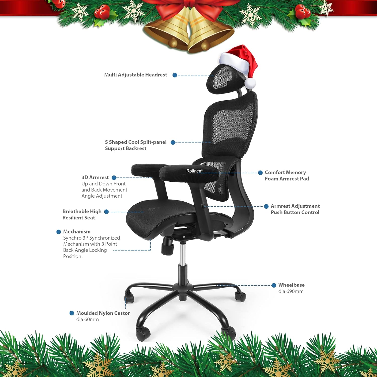 Rottnen ErgoRo Ergonomic Office Chair-Rolling Desk Chair with 3D Adjustable Armrest & Memory Foam Armrest Pads, 3D Lumbar Support, Executive Office Chair, Gaming Chair, Mesh Computer Chair(Black)