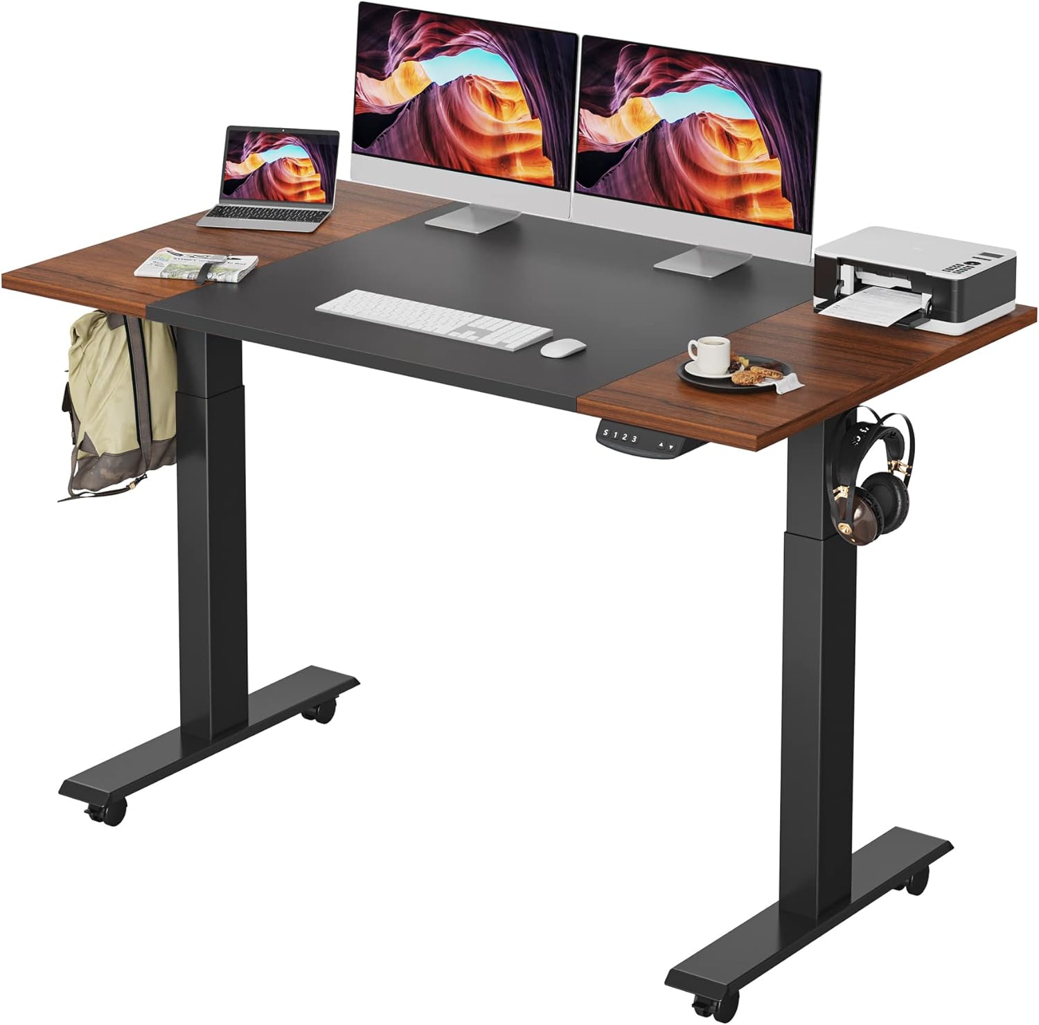 FEZIBO Height Adjustable Electric Standing Desk with Pencil Holder, 55 x 24 Inches Stand Up Desk, Sit Stand Desk with Espresso and Black Top and Black Frame