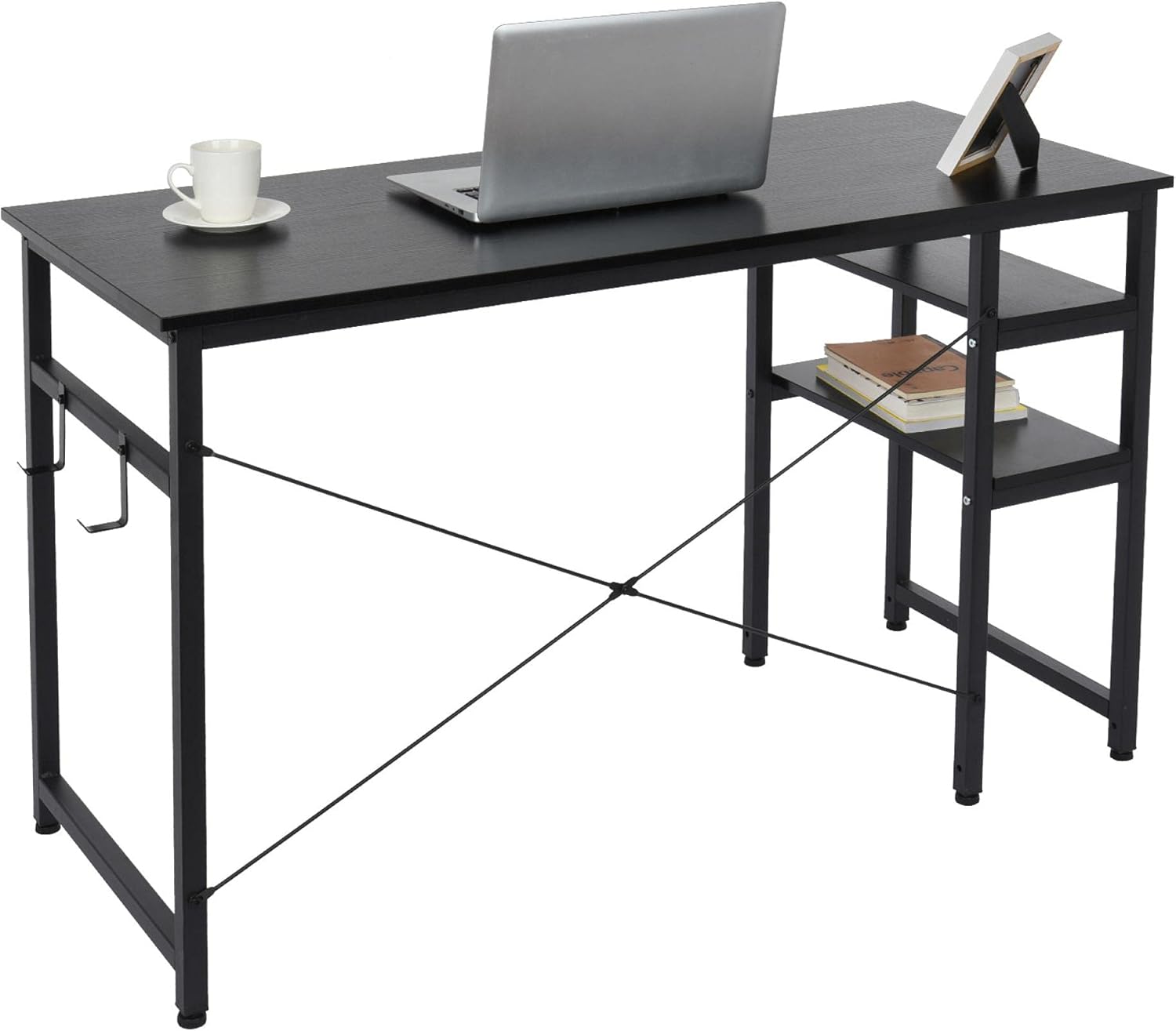 47'' Long Computer Desk, Study Writing Desk with 2 Storage Shelves on Left or Right, Industrial Modern PC Laptop Table Steel Frame Rustic Black