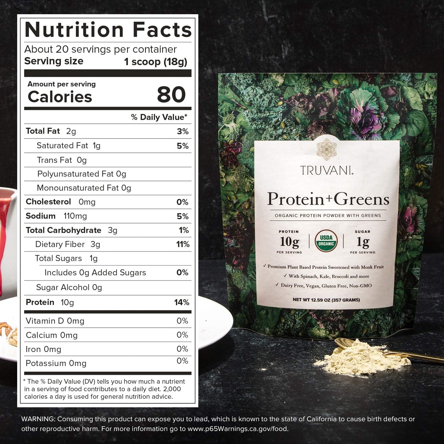Truvani Protein + Greens | Organic, Non-GMO, Vegan, Gluten Free, Dairy Free | Daily Greens Combined with Protein | Great Taste with a Splash of Sweetness Pack of 2