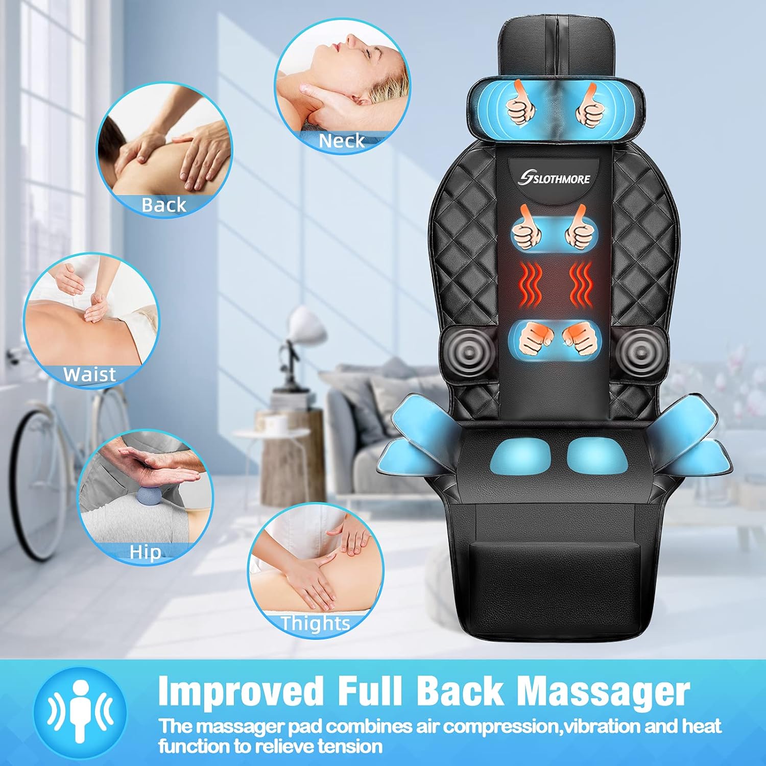 Back Massager with Heat & Compress,Vibrating Massage Seat Cushion for Home or Office Chair Use,Electric Body Massager Helps Relieve Stress and Fatigue for Neck,Back and Hips