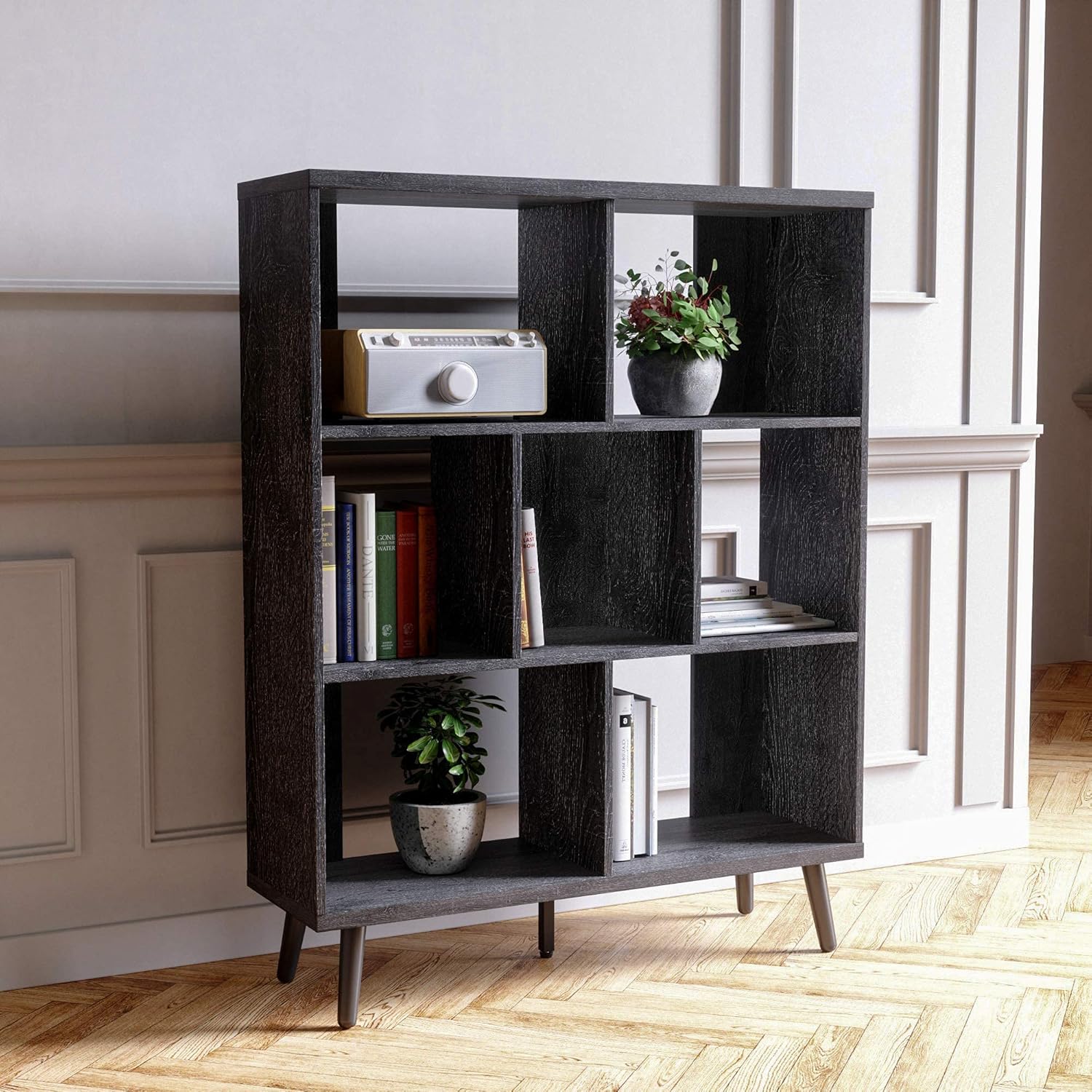 Bestier Mid Century Bookshelf Modern Bookcase 7 Cube Storage Organizer with Legs Freestanding Decorative Organizer Shelves for Living Room Bedroom Home Office Furniture Ash Wood Black