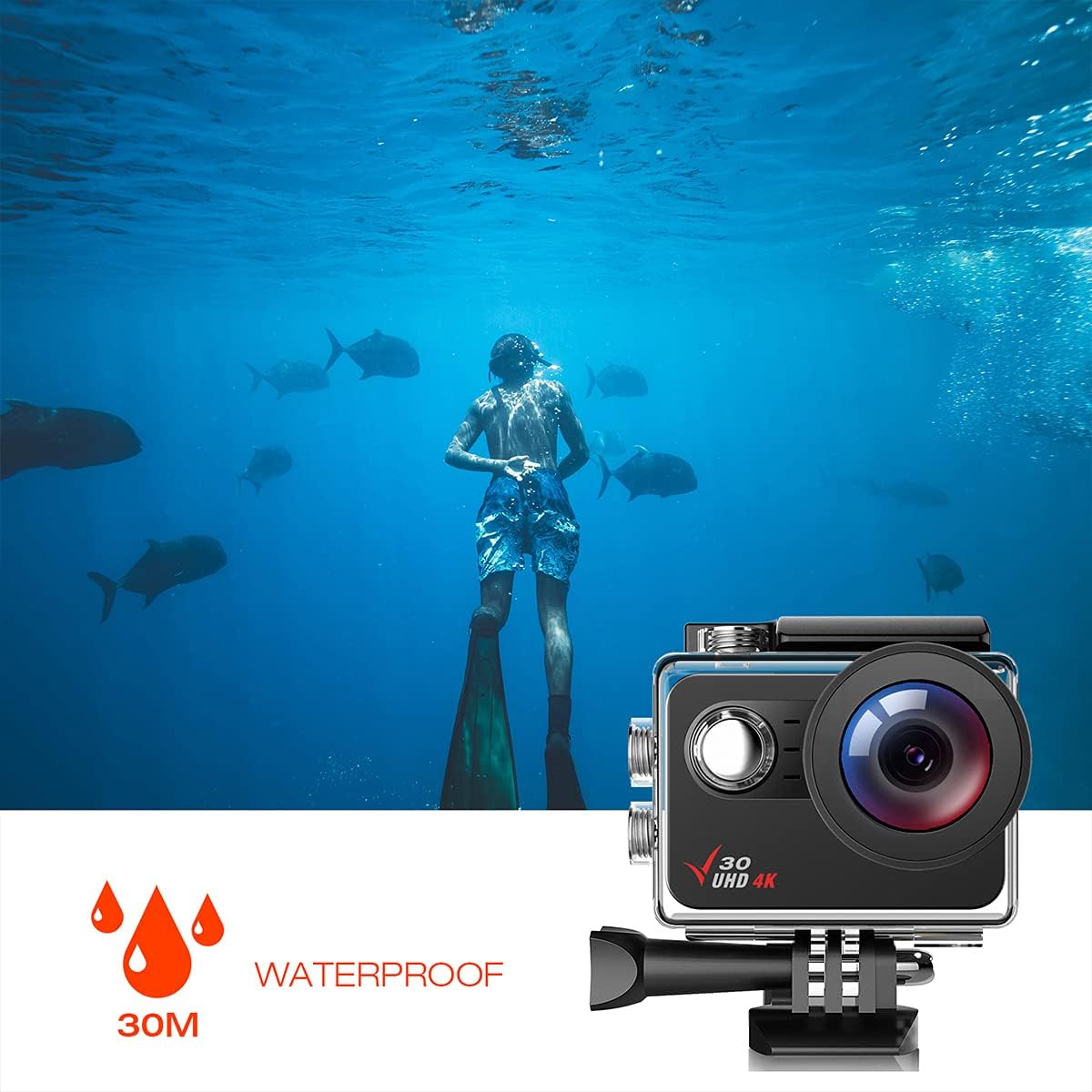 Action Camera 4K 30FPS Ultra HD Waterproof Camera, 170° Wide Angle PC Webcam WiFi Sports Camera EIS Stabilization,100FT Waterproof,2'' Touch Screen, 1350mAh Batteries and Mounting Accessories Kit