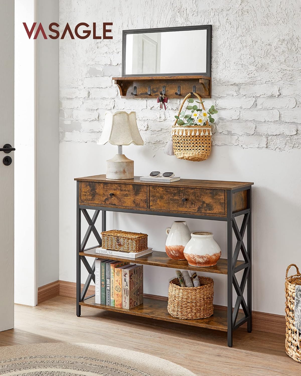 VASAGLE 39.4&rdquo; Console Table with 2 Sliding Drawers, Sofa Table with Storage Shelves, Entry Table with Metal Frame, Farmhouse Style, for Entryway, Living Room, Rustic Brown and Black ULNT022B01