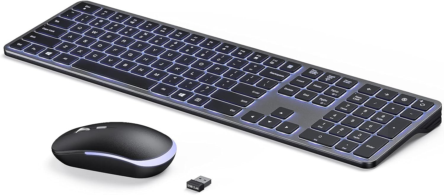 Backlit Wireless Keyboard and Mouse Combo, seenda Rechargeable 2.4G USB Cordless Illuminated Keyboard & Mouse, Ultra Slim Full Size Computer Keyboard and Mouse for Windows 7/8/10 Laptop Desktop PC Pack of 2