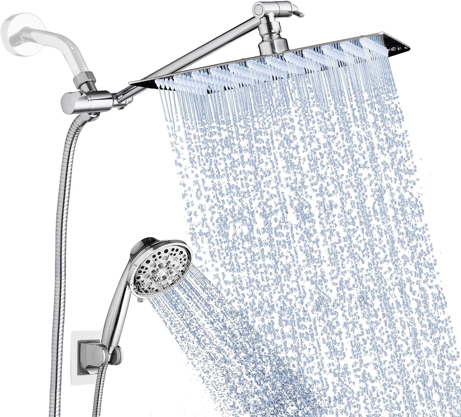 Burginwin Shower Head Combo,8'' High Pressure Rainfall Shower Head/Handheld Shower Combo with 11'' Extension Arm and 7 Spray Settings Handheld Showerhead Combo,1.5M Hose, Filter, Anti-Leak Pack of 2
