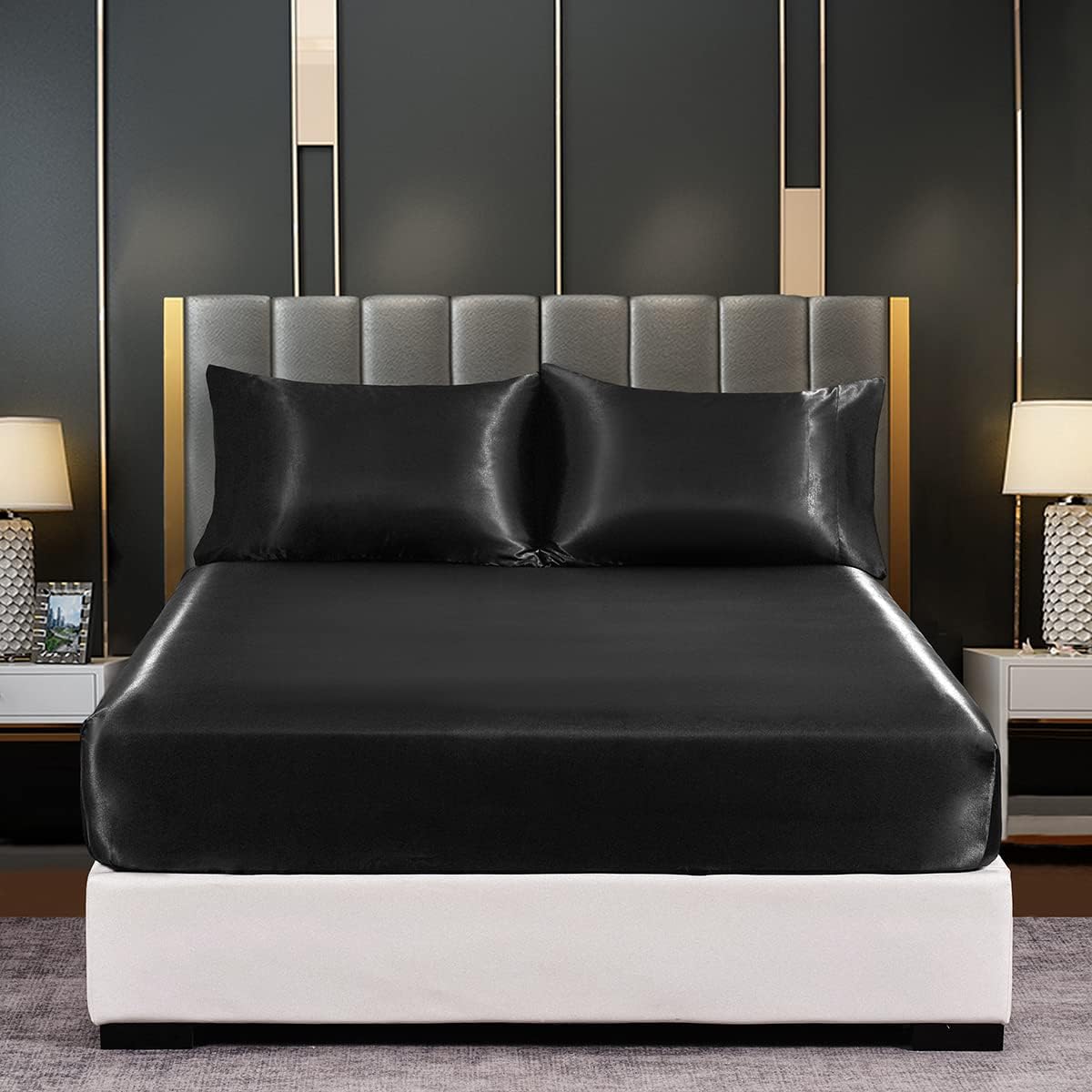 DuShow Satin Fitted Sheet Queen Black,Silky Deep Pocket(13.78