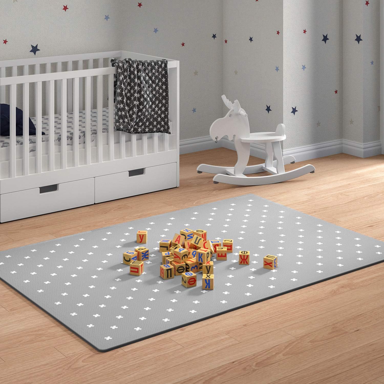 TCBunny Extra Large Baby Foam Play Mat - 4FT x 6FT Non-Toxic Puzzle Floor Mat for Kids & Toddlers, Waterproof Expandable Tiles with Edges (Grey with White Cross) Pack of 2