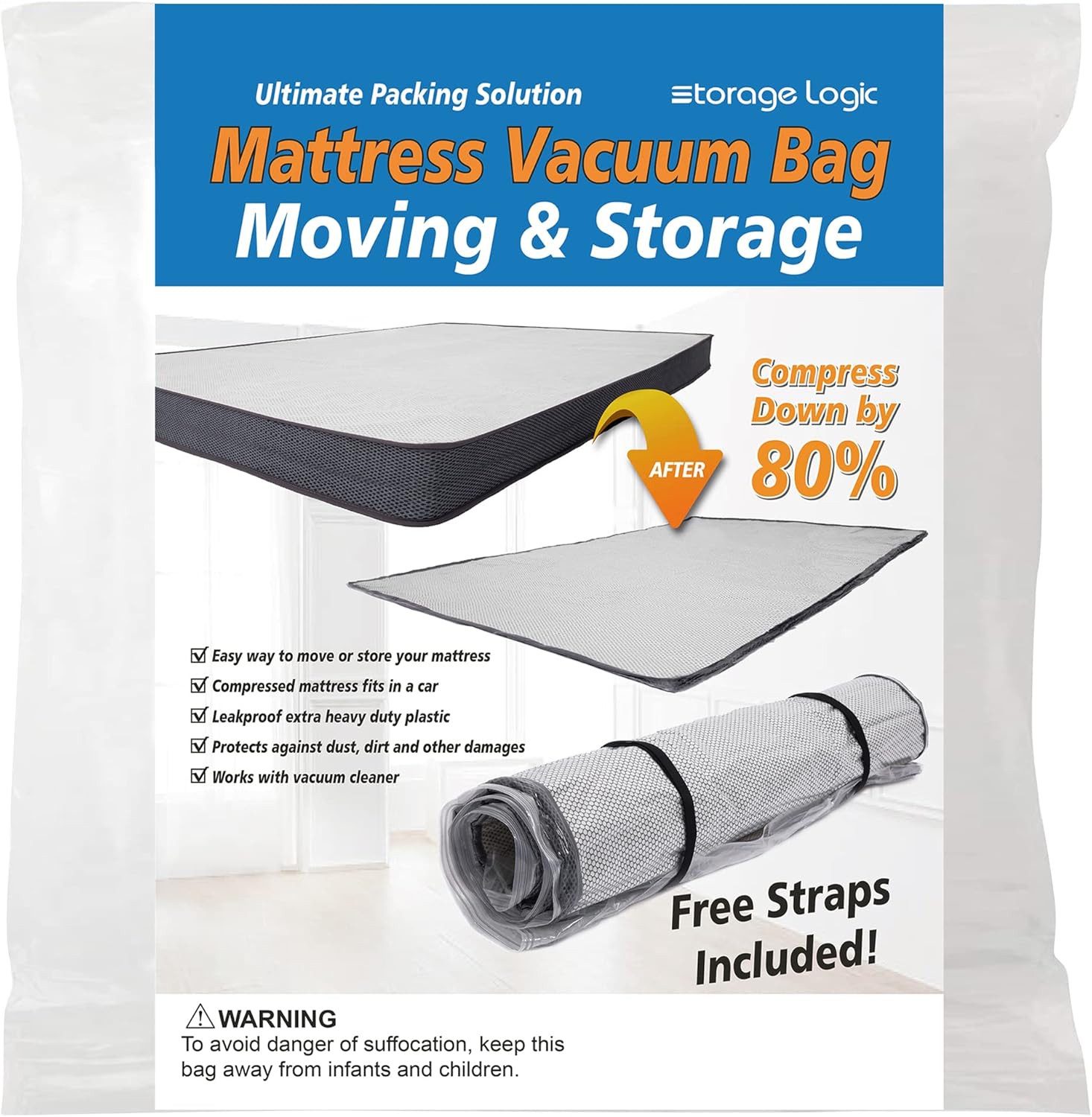 King/Cal-King Foam Mattress Vacuum Bag for Moving, Storage, Vacuum Seal Mattress Bag with Straps