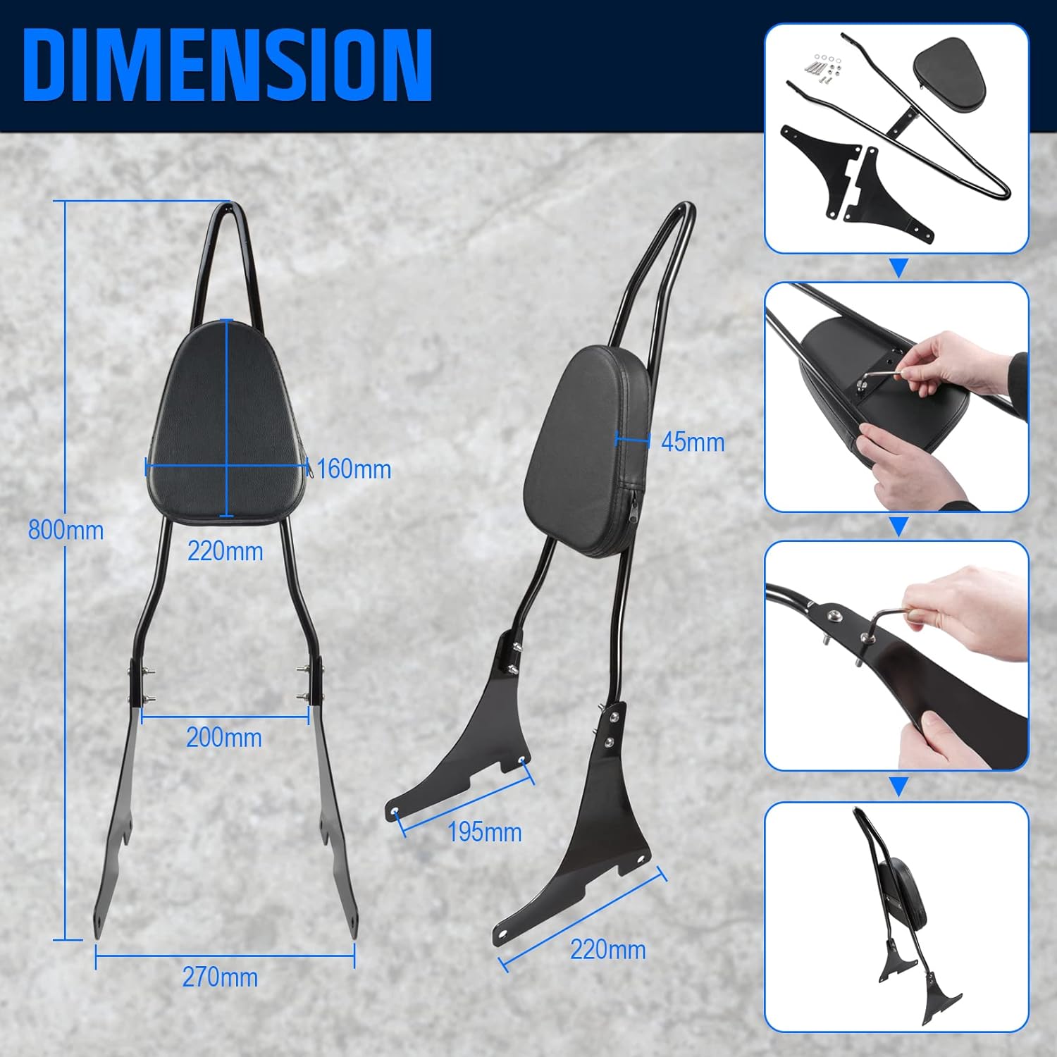 Benlari Gloss Black Detachable Sissy Bar Passenger Backrest Pad Compatible 2004-2022 for Harley Davidson Sportster XL 1200 883 SuperLow Iron 48 (Tall Sissy Bar)