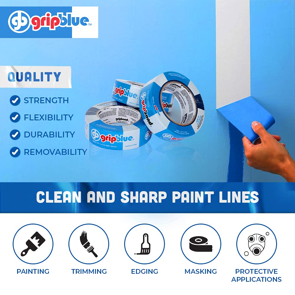 GRIPBLUE 1.5 Inch (36 mm) Multi-Use Blue Painters Tape, 30 Rolls Value Pack, Premium Crepe Paper Masking Tape for Multi-Surfaces, Clean and Easy Removal.