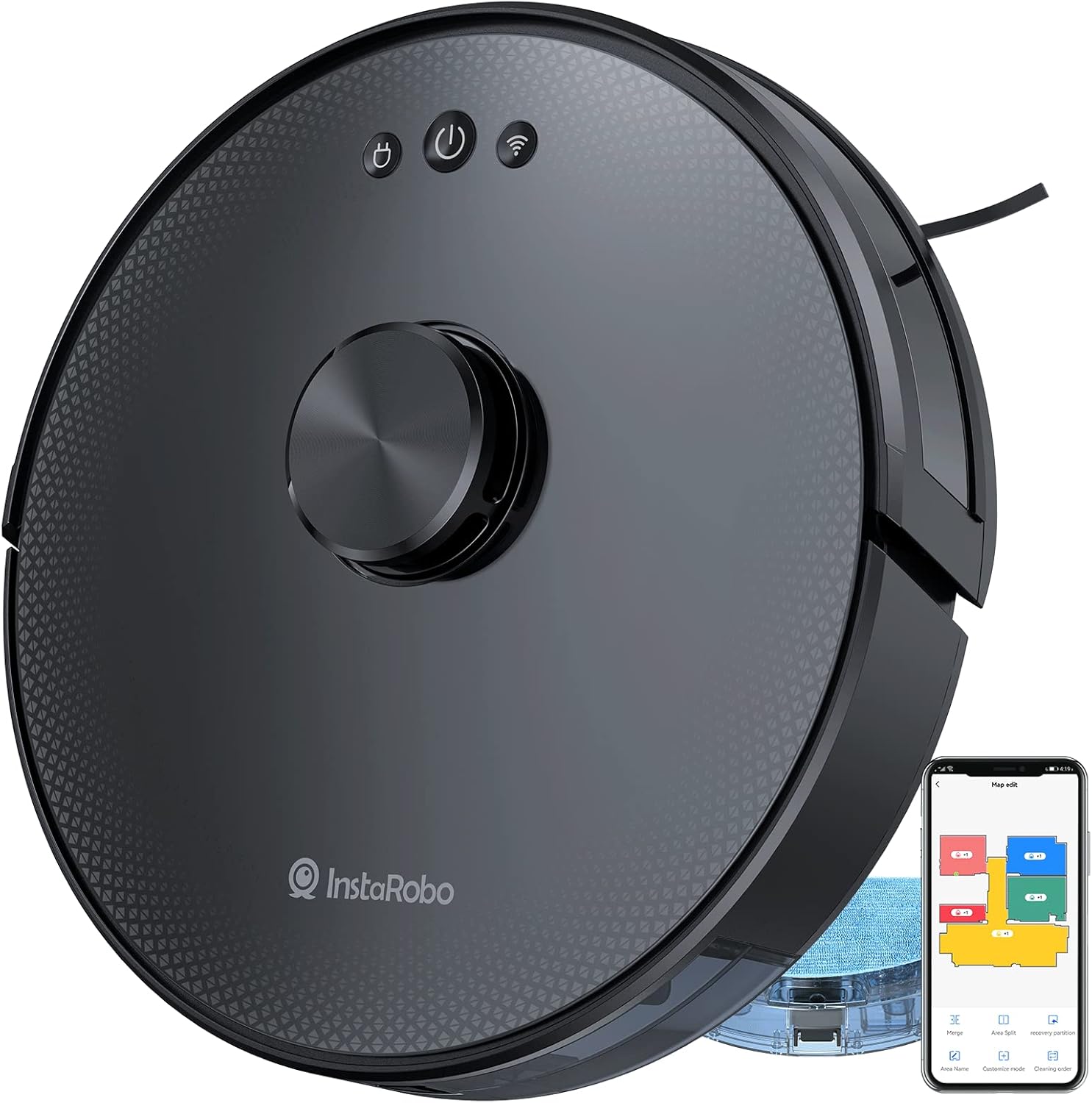 InstaRobo R1 Lidar Robot Vacuum and Mop Combo, with Precise Multi-Level Mapping, Real-time Map, No-go Zones, Robotic Vacuum Cleaner Ideal for Pet Hair, Compatible with Alexa Wi-Fi, App Control, Black