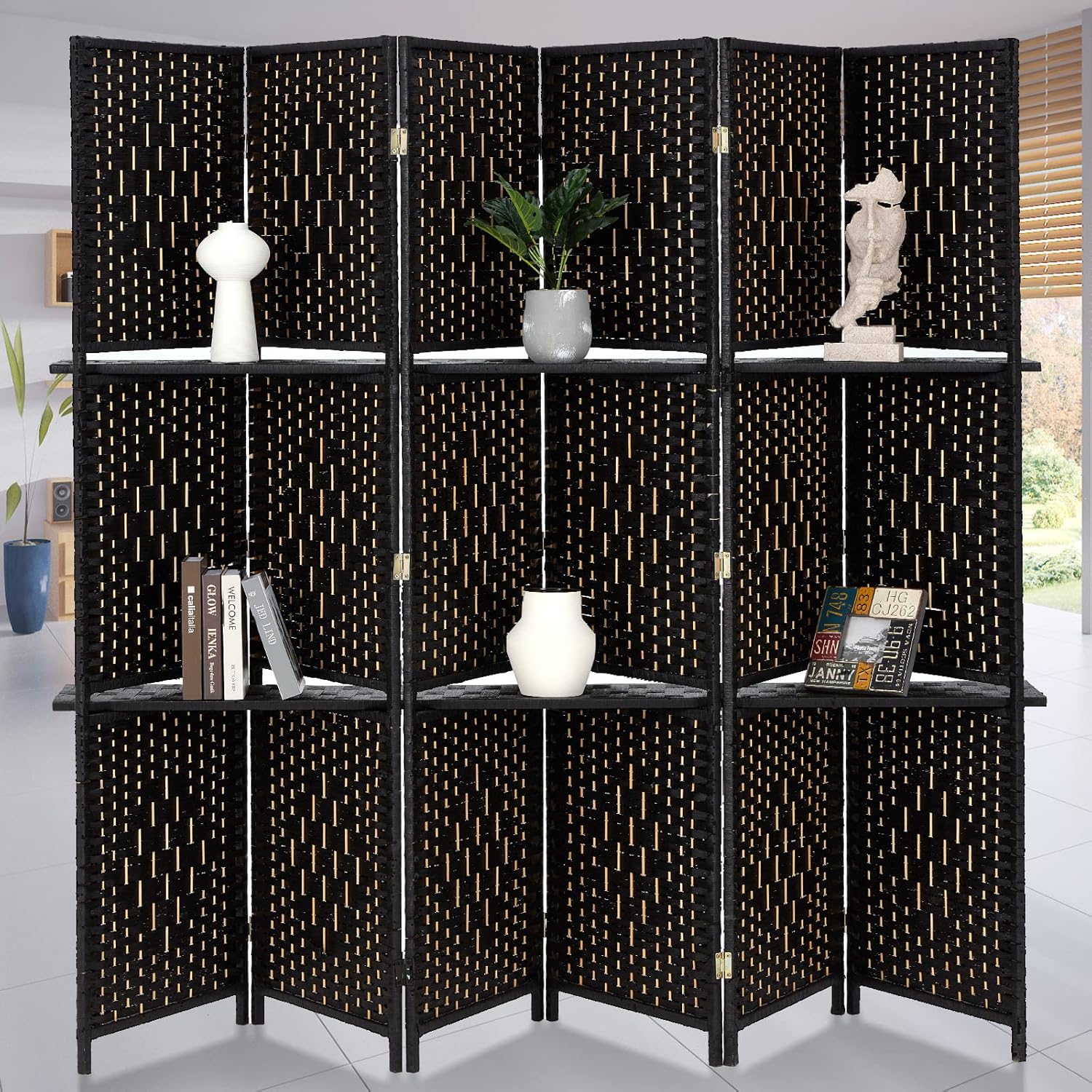 HADDOCKWAY 6 Panel Room Divider 6FT Tall Weave Fiber Room Dividers Screen with 2 Display Shelves Folding Privacy Partition Wall with Double Hinged for Freestanding Room Separator Brown