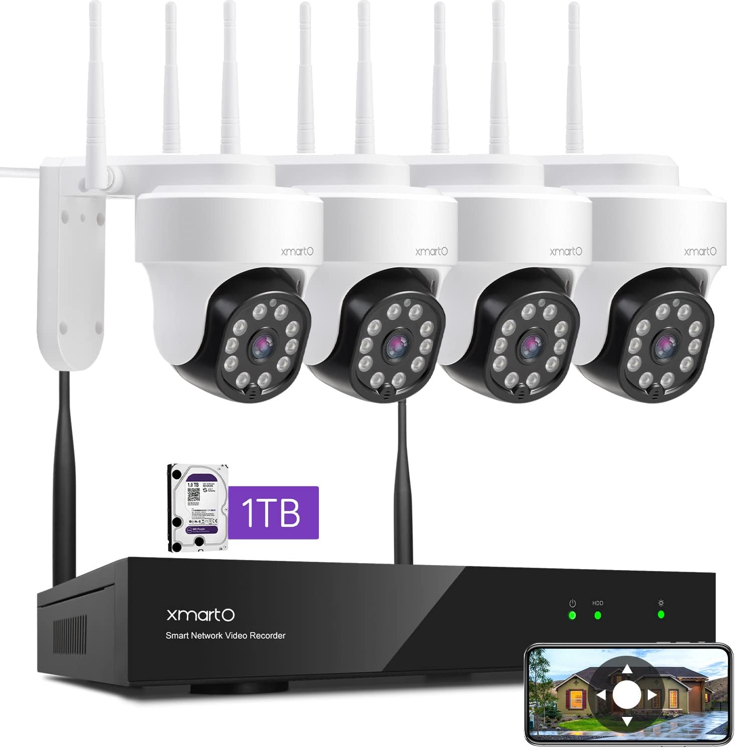 [Auto-Track Camera] XMARTO 2K Auto-Track PTZ Wireless Security Camera System Outdoor, 8CH 5MP Dual-WiFi NVR with 4X Rotate WiFi Security Cameras, 1TB Storage (WYS3084-1TB)