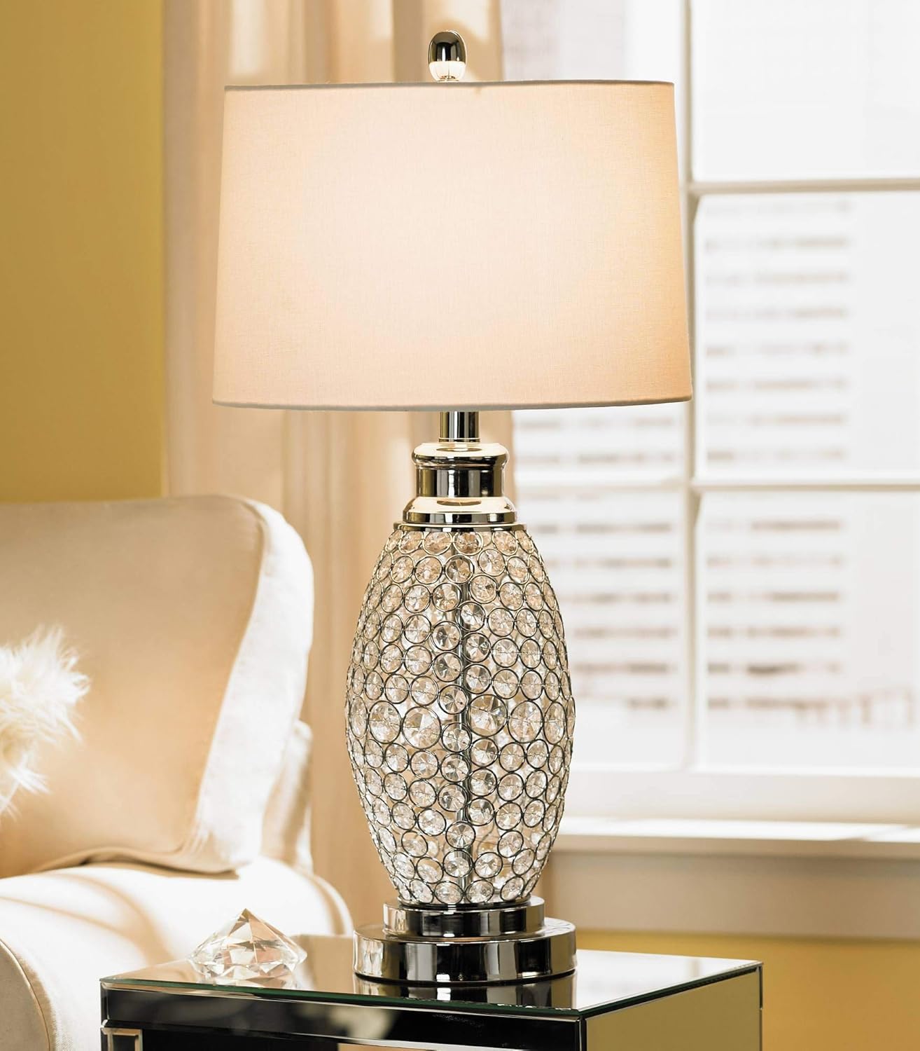 Kasey Modern Accent Table Lamps Set of 2 Crystal Bead Silver Gourd White Drum Shade for Living Room Family Bedroom Bedside - Possini Euro Design