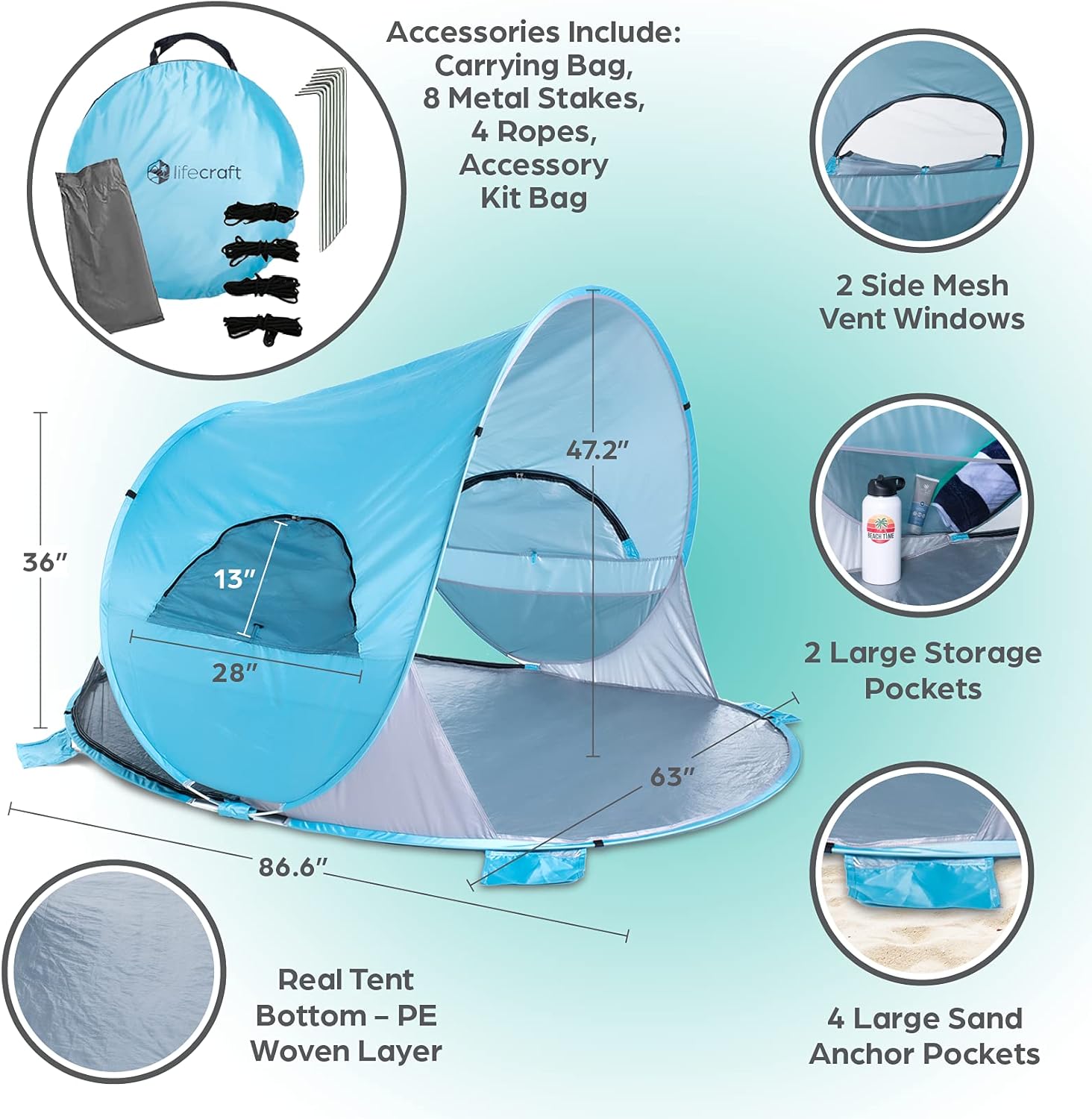 Lifecraft Pop Up Beach Tent, Easy Instant Outdoor 3 4 Person Family Umbrella Sun Shelter with UPF 50+ UV Protection Cabana for Baby, Automatic Setup Shade , Blue, POPUPBEACHTENT_BLU