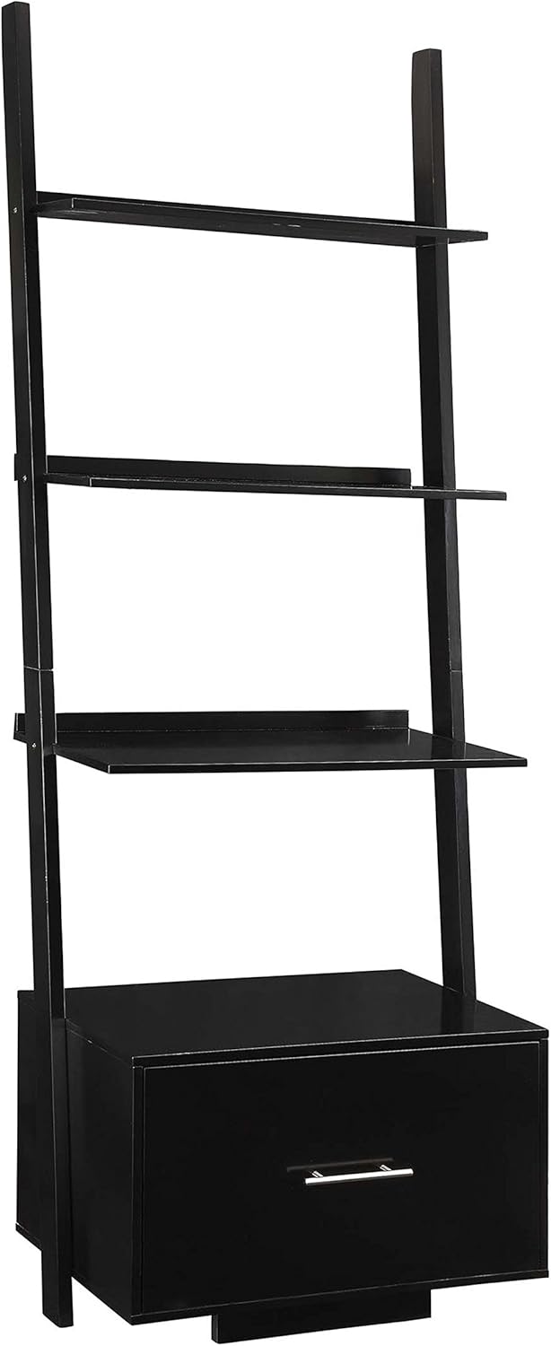 Convenience Concepts American Heritage Ladder Bookcase with File Drawer, Black