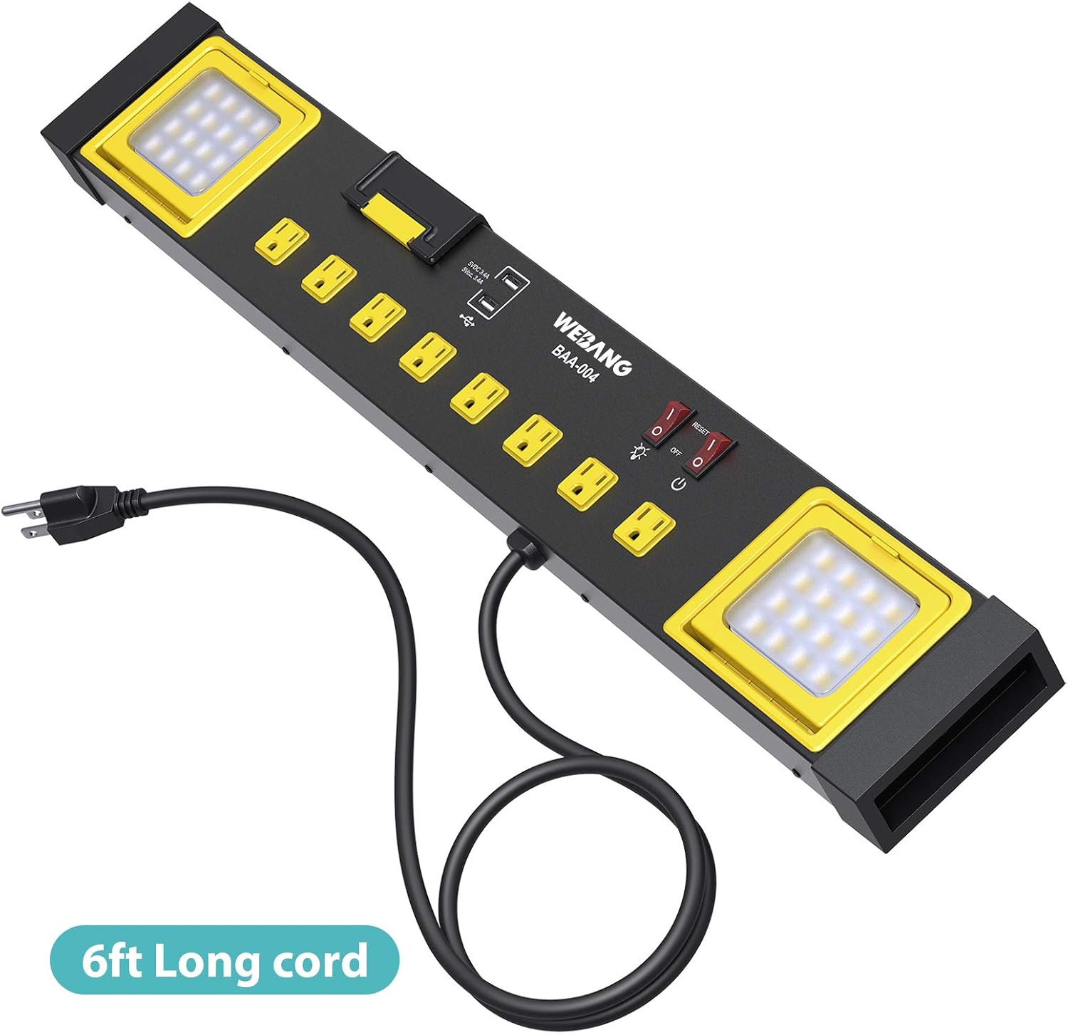 WEBANG Heavy Duty Metal Power Strip Surge Protector with 8 Outlets,2 USB Ports, Led Worklight, 15A Circuit Breaker, Wall Mount, UL Listed for Workshop/Garage/Countertop Pack of 2