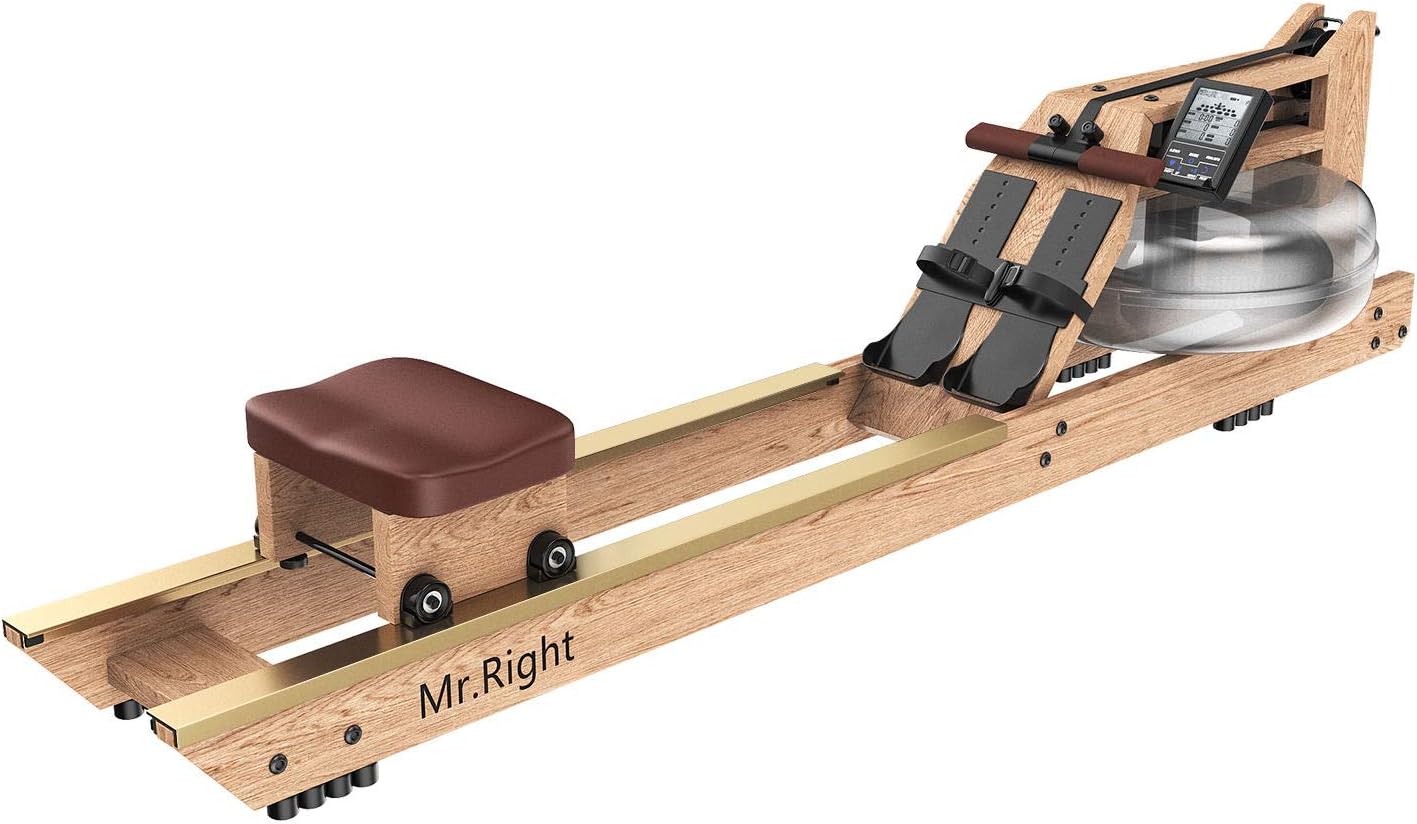 Mr. right Water Rowing Machine for Home Use,Oak Wood Water Rower with Customizable Bluetooth LCD Monitor (Rower Cover and Electric Water Pump Included)