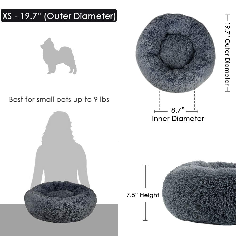 AUTOWT Dog Bed, Donut Dog Bed Cat Beds Cuddler Nest Soft Plush Dog Cat Cushion with Cozy Sponge Non-Slip Bottom for Small Medium Pets Snooze Sleeping Indoor, Machine Washable (S - 19 inch, Deep Grey)