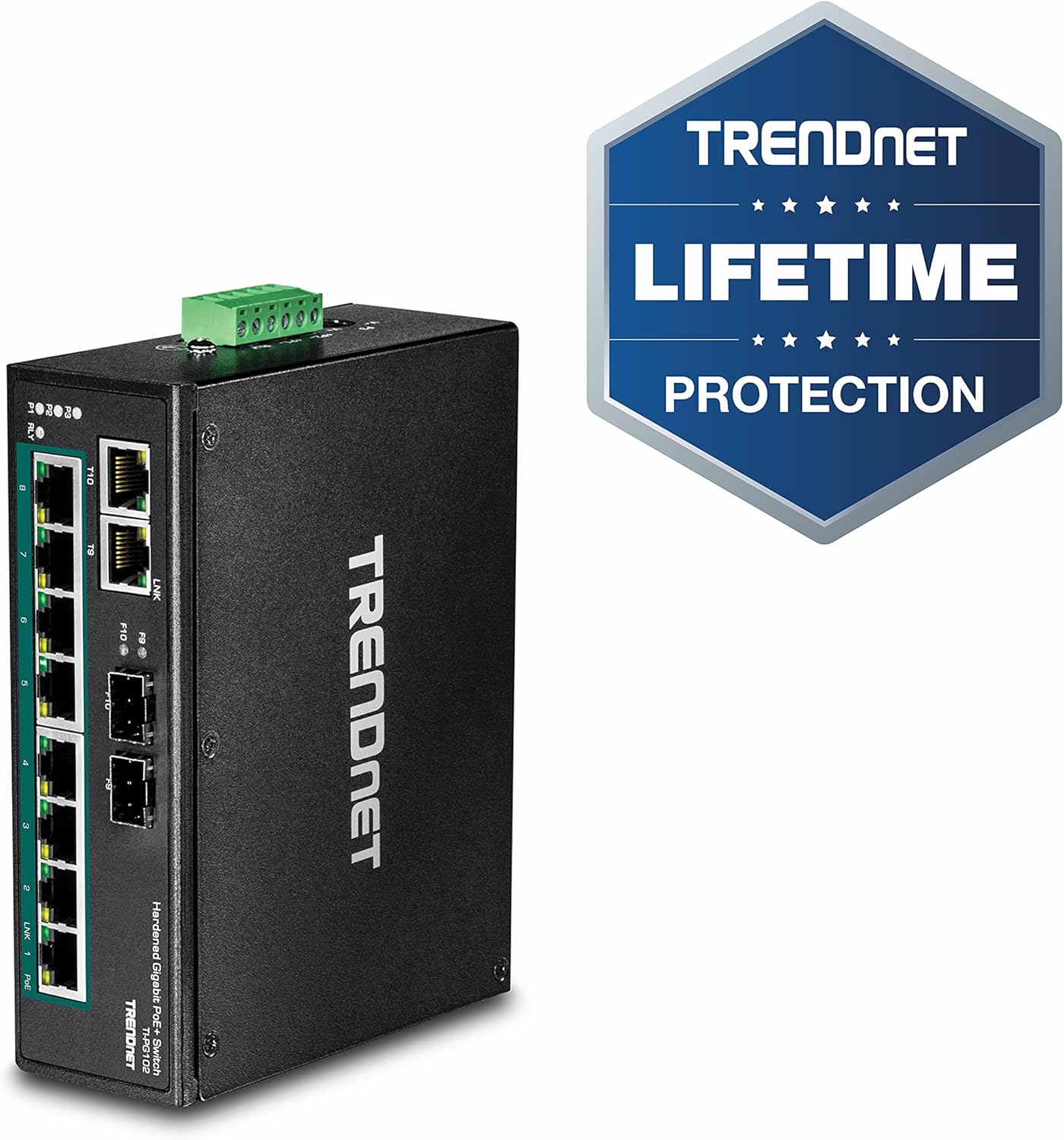 TRENDnet 10-Port Industrial Gigabit PoE+ DIN-Rail Switch, 8 x Gigabit PoE+ Ports, DIN-Rail Mount, 2 x SFP Slots, 240W PoE Power Budget, Network Switch, IP30, QoS, Lifetime Protection, Black, TI-PG102