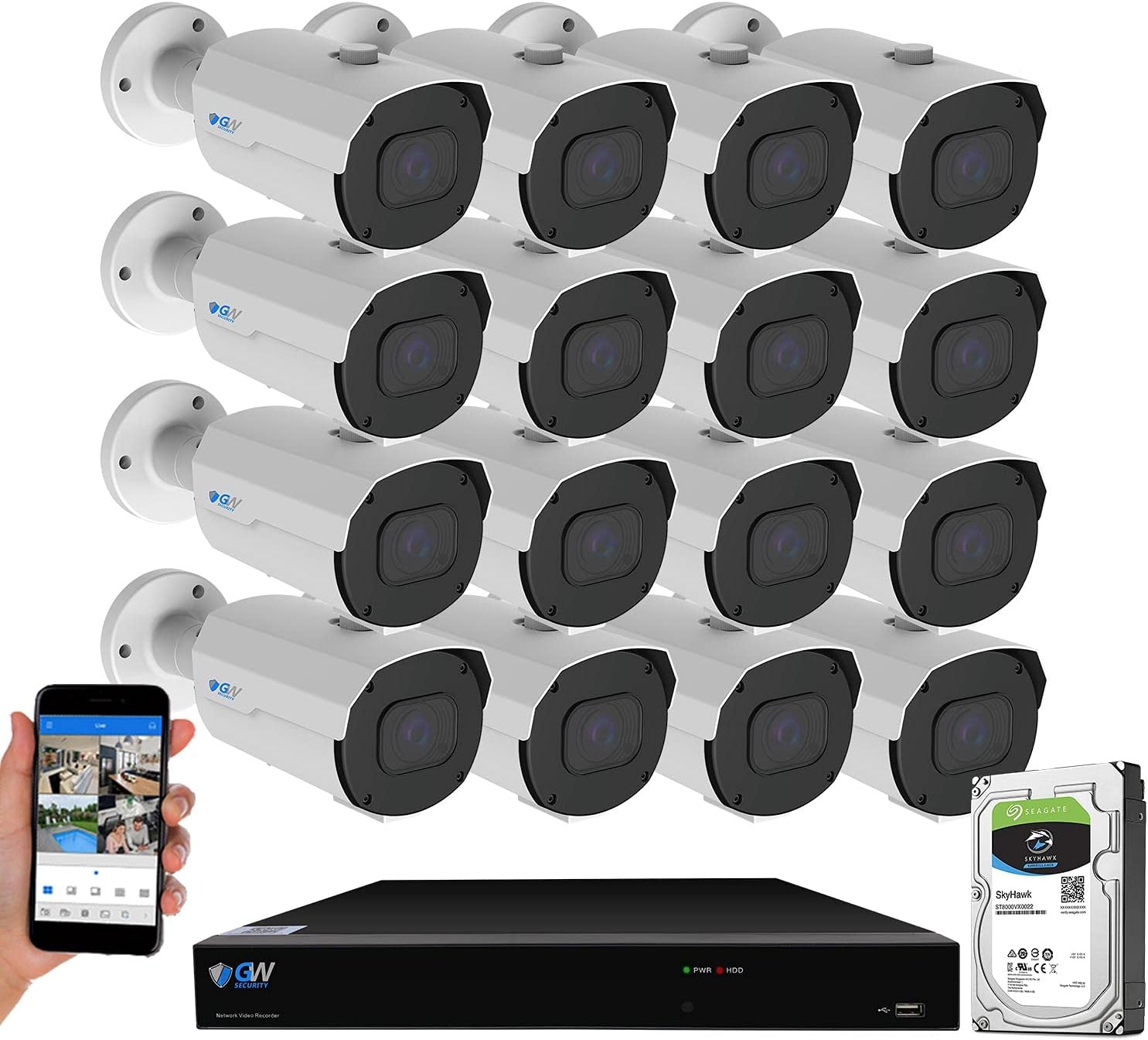 GW 4K (3840x2160 @30fps Real-time) 5X Optical Motorized Zoom Outdoor 8MP Bullet PoE IP 16 Channel Security Camera System, 130FT Night Vision, AI Facial Recognition/Human/Vehicle Detection (16 Cameras)