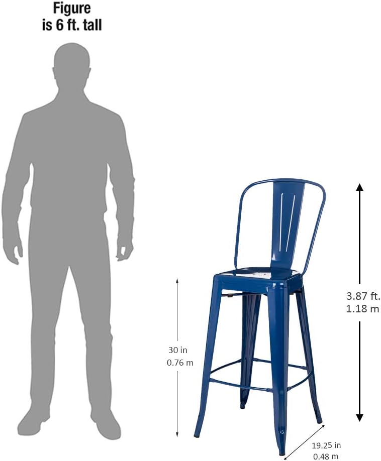 Glitzhome 2 Set Vintage Metal Bar Stool High Chairs Indoor Outdoor Barstool Dining Chairs with Back Navy Blue