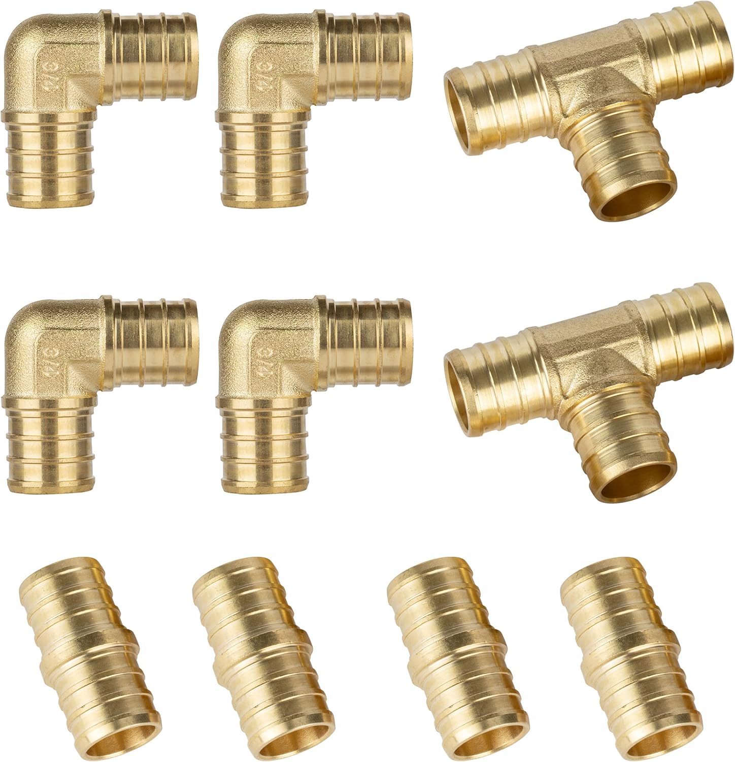 ISPINNER PEX Fittings, 10pcs 3/4 inch PEX Straight Coupling (4pcs) Degree Elbow (4pcs) PEX Tee (2pcs), Lead Free Brass Barb Crimp Pipe Hose Fittings (Pack of 10) Pack of 2