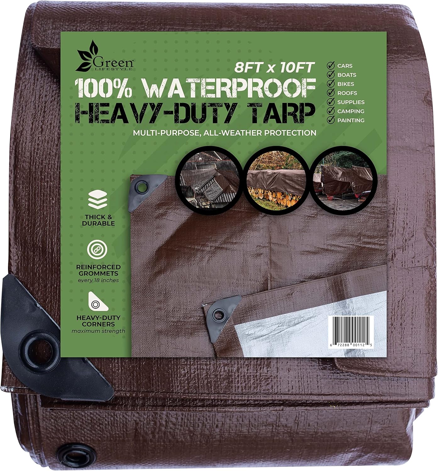 Tarp Cover Brown/Silver Heavy Duty Thick Material Water Proof Tear Proof UV Resistant Reinforced Edges Boat Tent RV or Pool Cover 8X10 Pack of 2