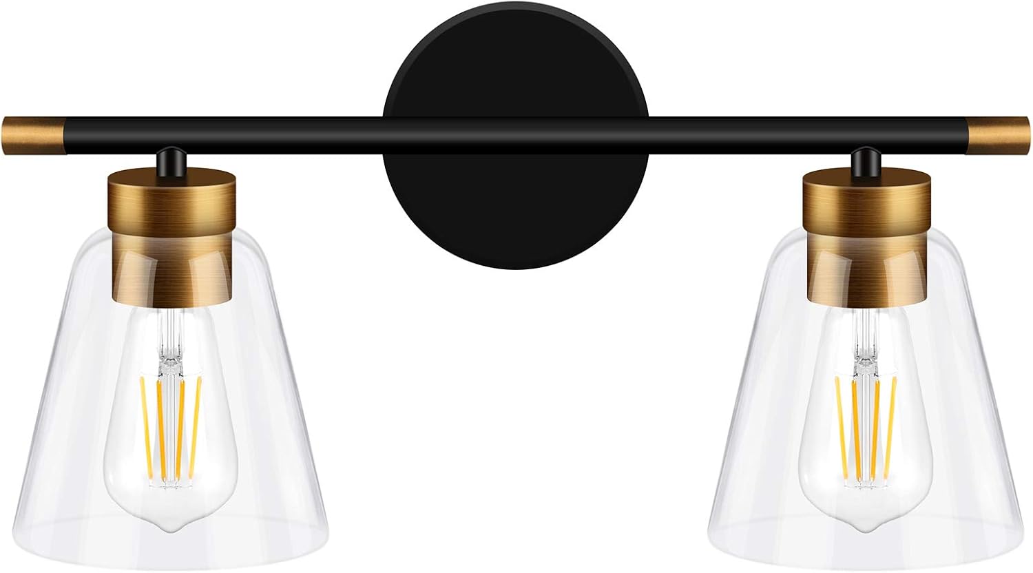 2-Light Vanity Lights Fixtures, Bathroom Lights Wall Mounted, Modern Wall Sconces Lighting, Matte Black Wall Light with Brass Accent Socket, Wall Lamp for Mirror Cabinets, Powder Room, Dressing Table